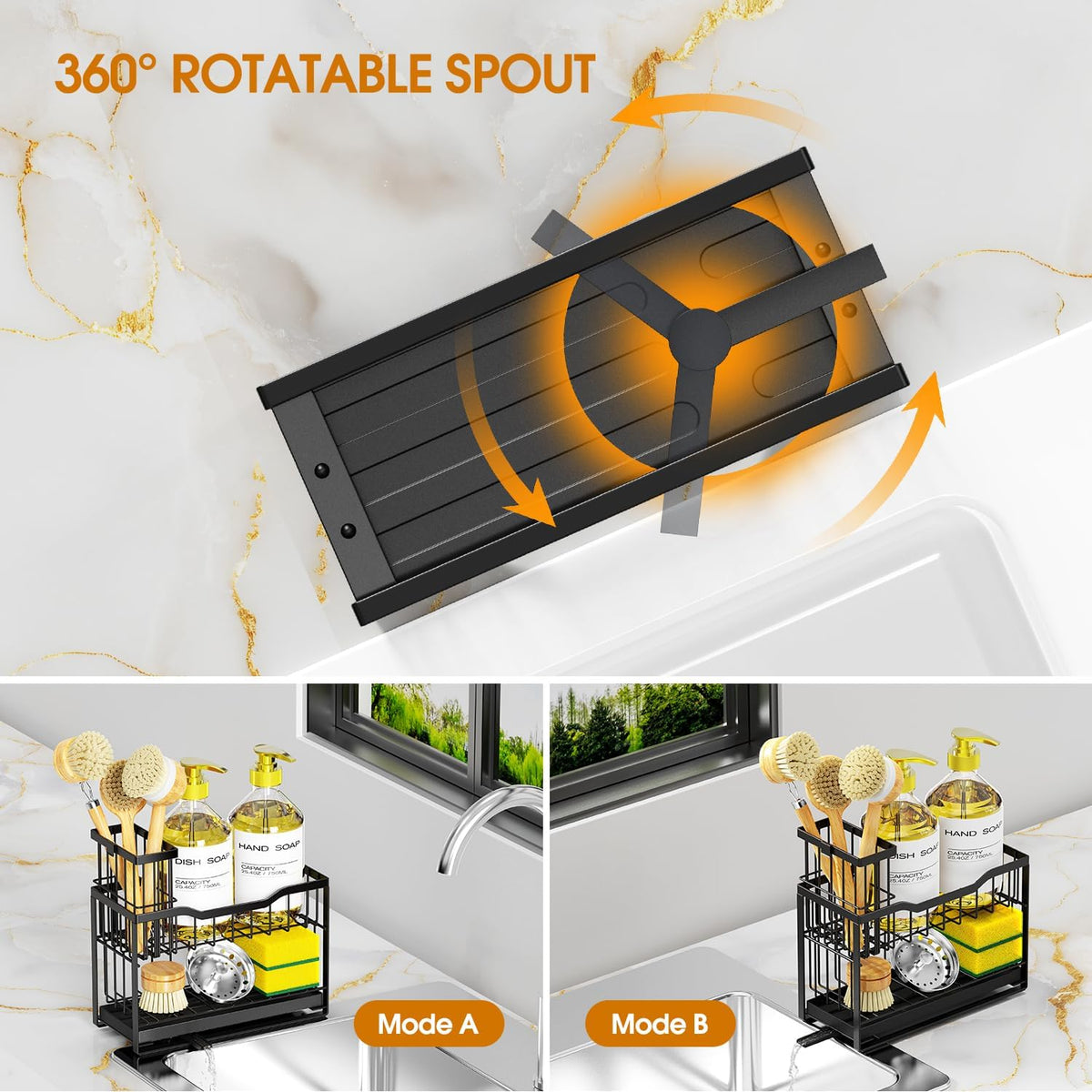 2-Tier Kitchen Sink Caddy with High Brush Holder&Self-Draining Tray,Rustproof&Non-Slip Sink Sponge