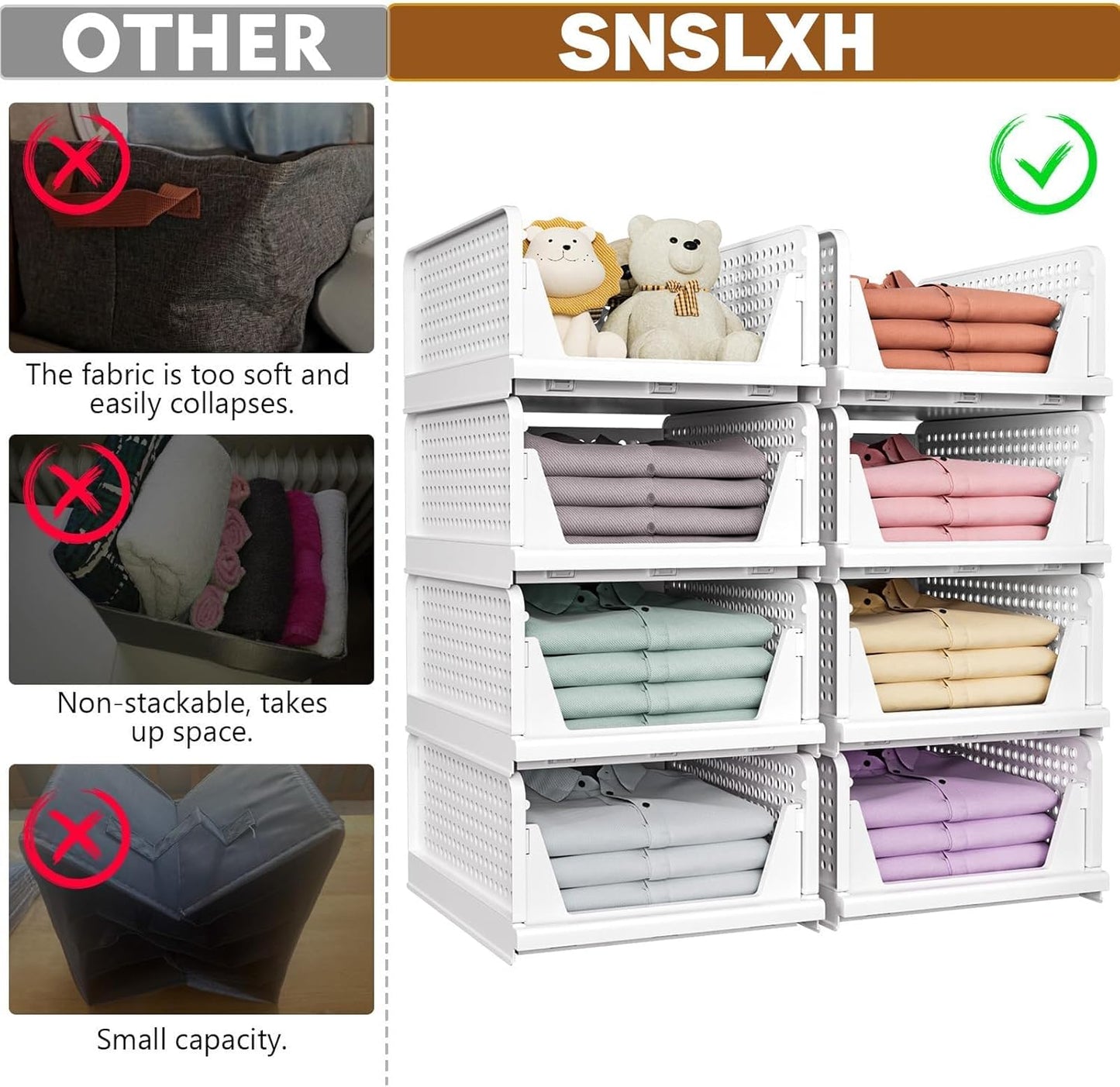 SNSLXH 5 Pack Stackable Closet Storage Basket, Multifunctional & Foldable Closet Organizer for