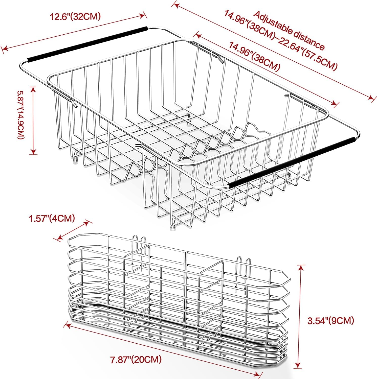 Large Dish Drainer Rack in Sink Adjustable, Expandable 304 Stainless Steel Metal Dish Drying Rack
