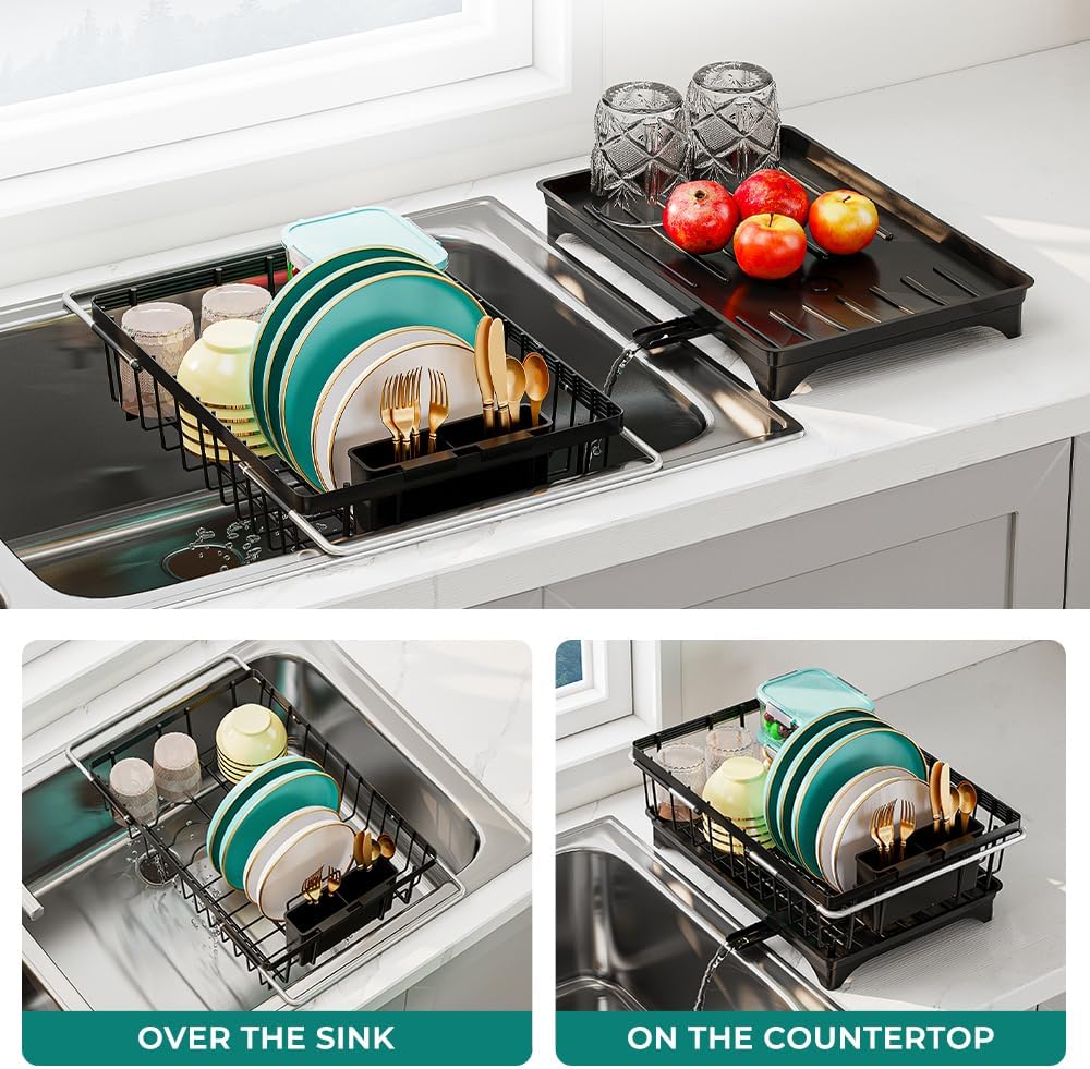 Small Dish Drying Rack in Sink, Expandable Stainless Steel Dish Drainers for Kitchen Counter, with