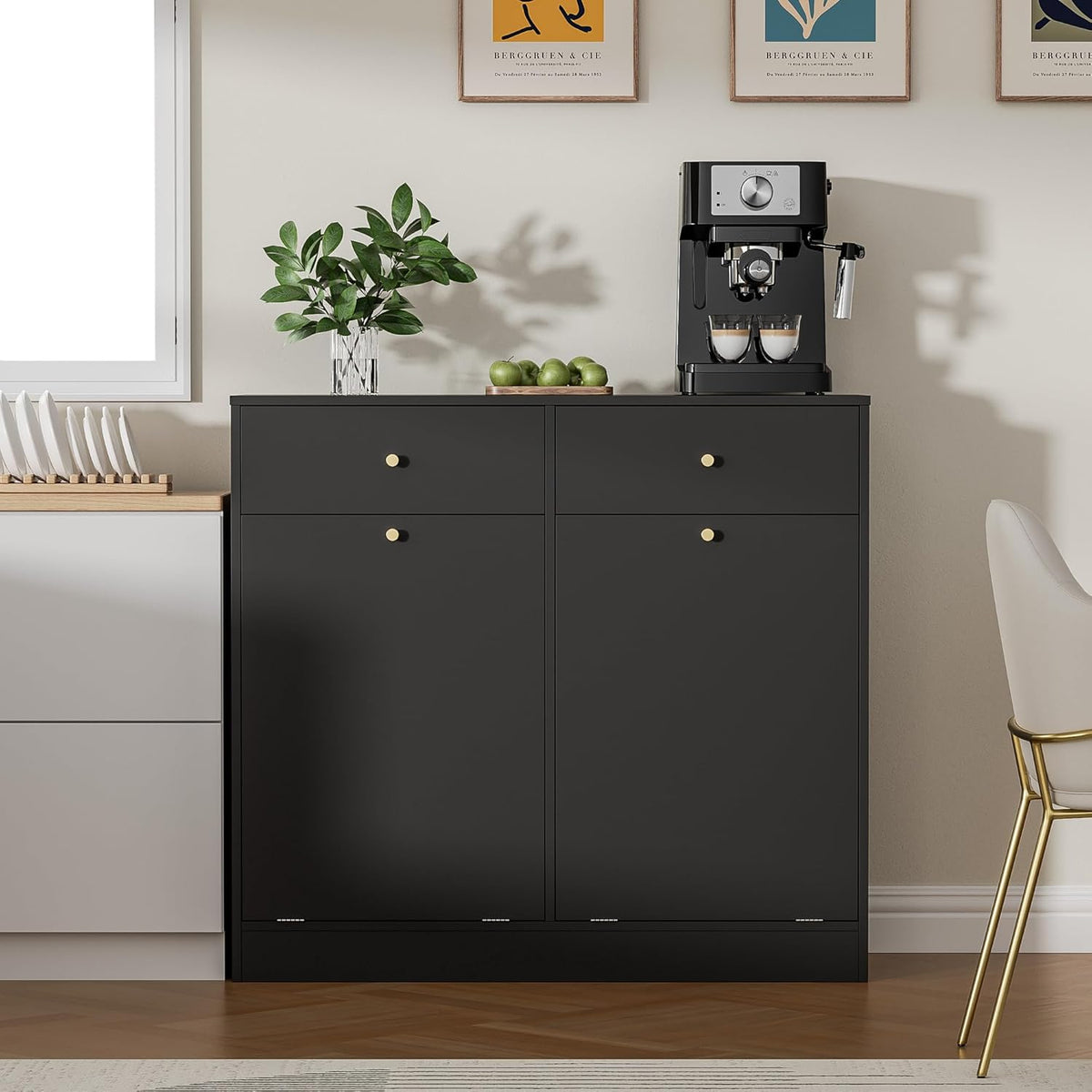 Double Tilt Out Trash Can Cabinet, Trash Storage Cabinet with 2 Drawers, Hidden Garbage Bin, Free