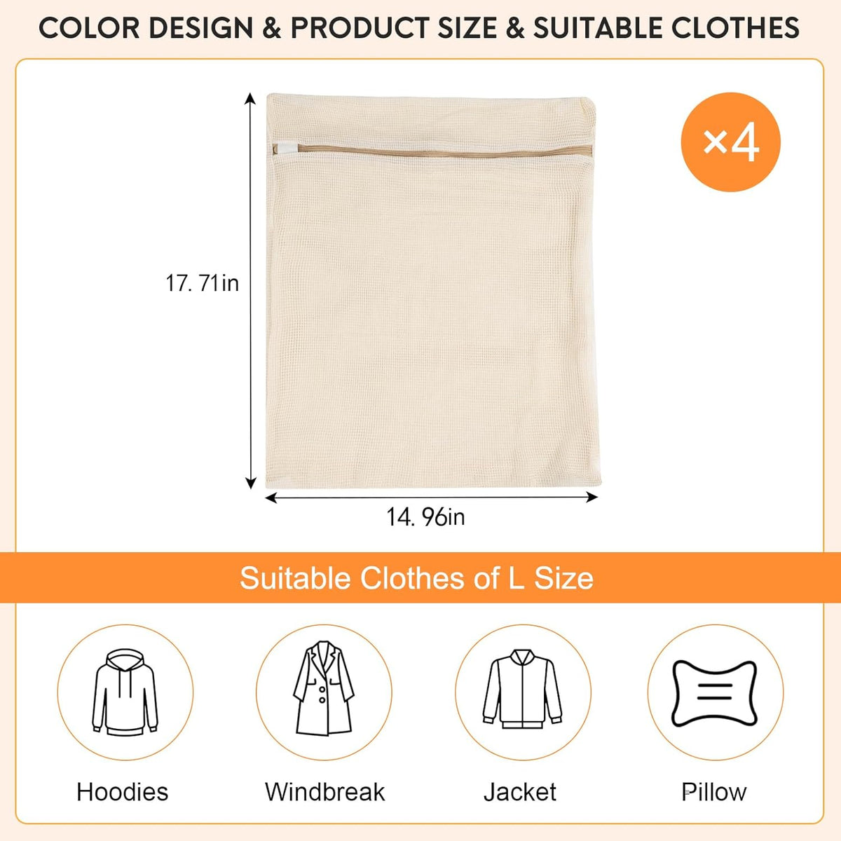 4-Piece Large Durable Organic Cotton Mesh Laundry Bags with Sturdy Zippers and Breathable Mesh are
