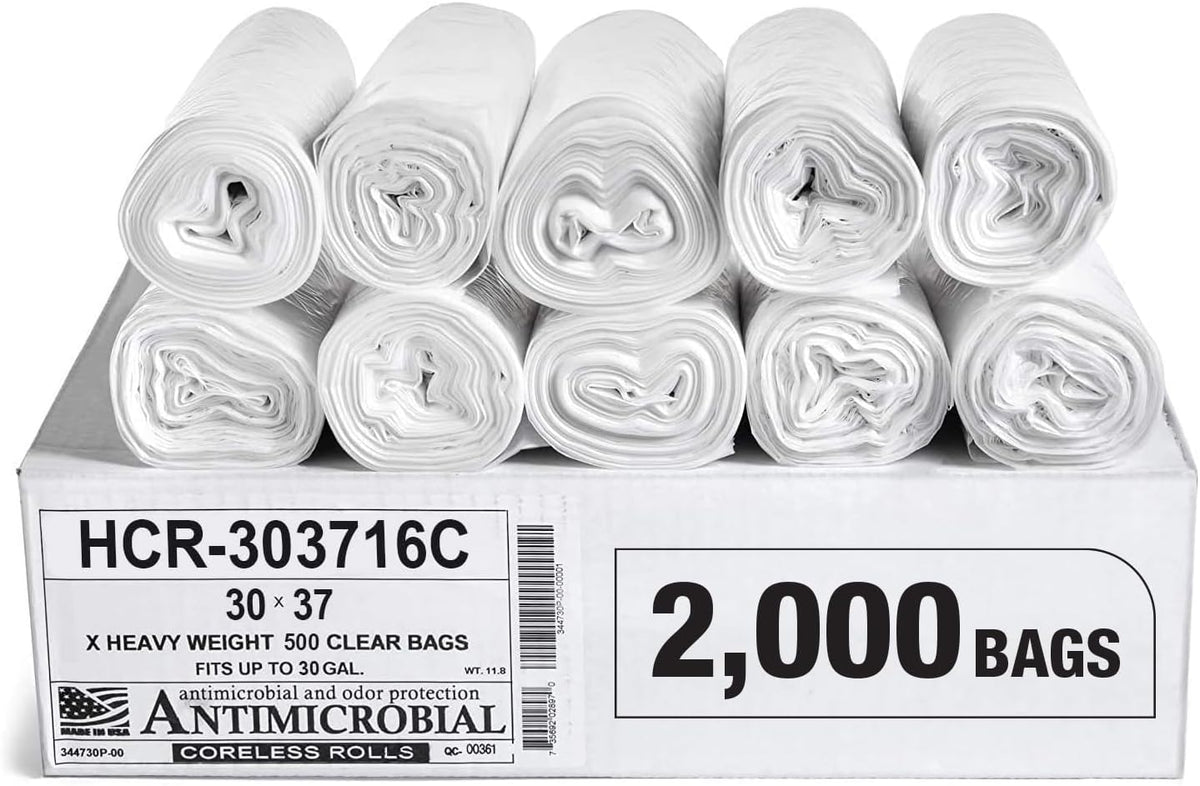 Aluf Plastics High Density Trash Bags, 30 Gallon, 2000 Count, 16 Micron (eq), 30" x 37", Clear, for