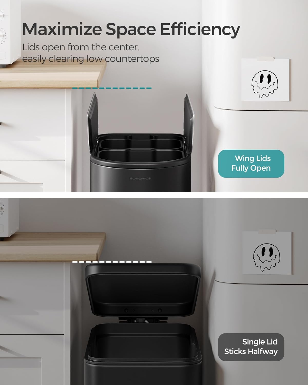 SONGMICS 13-Gallon Dual Kitchen Trash Can, 5.3 and 8 Gallon Compartments, Garbage Can with Wing