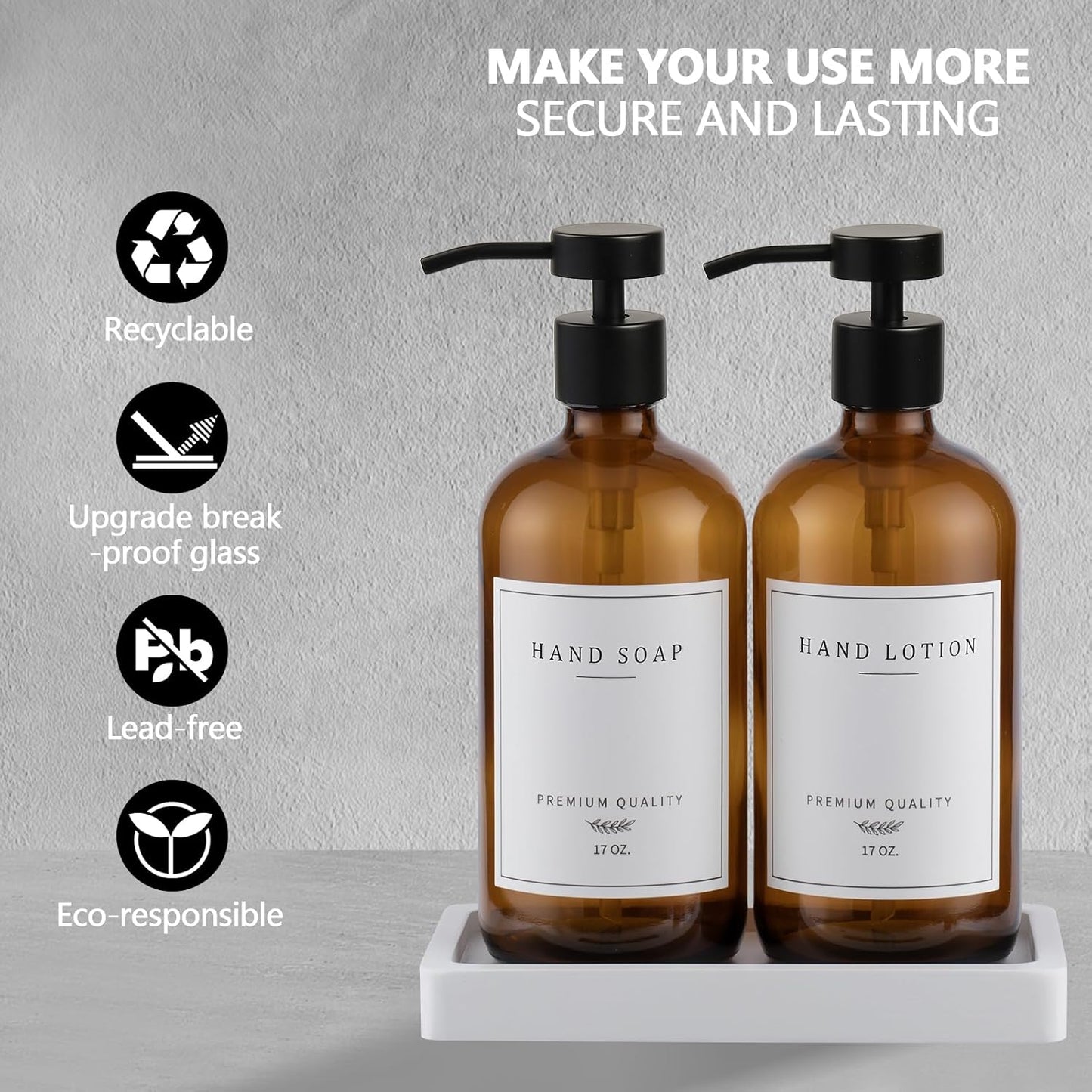 Amber Glass Soap Dispenser - Dish Hand Soap Dispenser for Kitchen, Bathroom Soap Lotion Dispenser