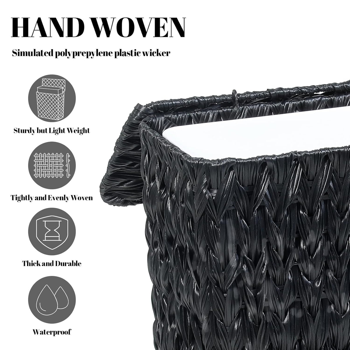 Black Wicker Trash Can with Lid and Liner,Waterproof Narrow Waste Basket for