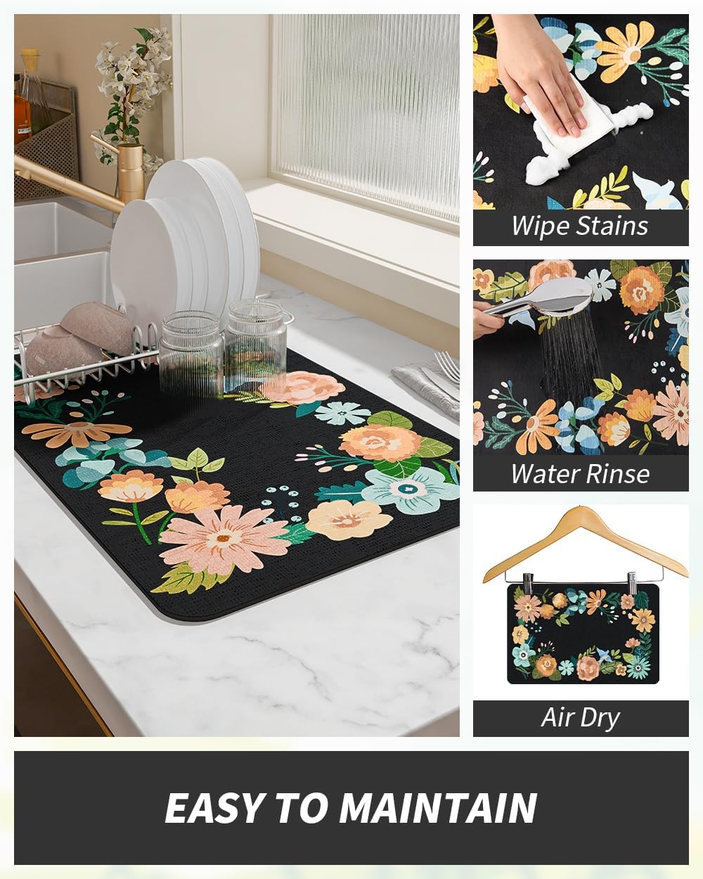 AMOAMI Coffee Mat Hide Stain Rubber Backed Absorbent Dish Drying Mat for Kitchen Counter - Fits