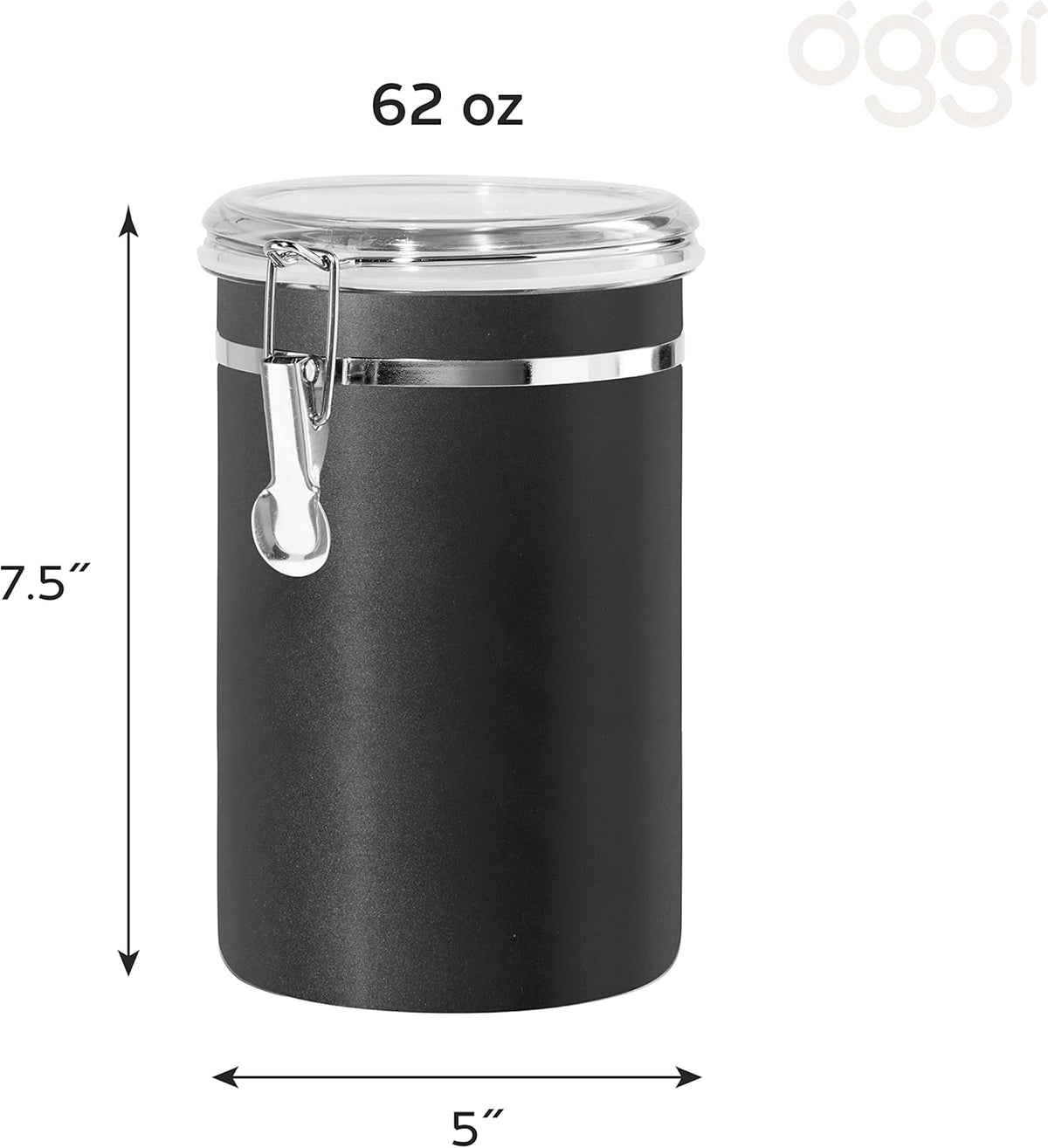 Oggi Stainless Steel Kitchen Canister 62 fl oz, Black - Airtight Clamp Lid, Clear See-Thru Top