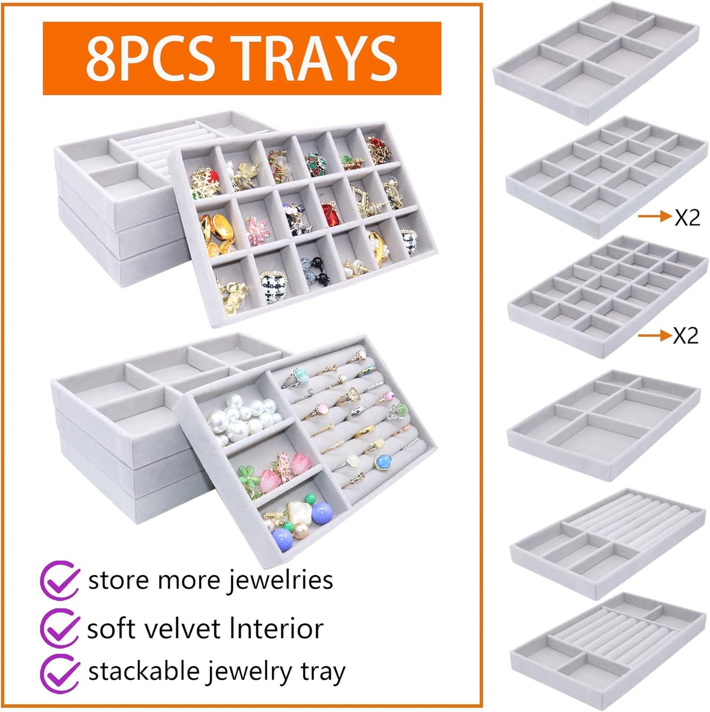 Jewelry Storage 8PACK, Velvet Jewelry Organizer Trays, 4PCS Stackable Jewelry Tray for Drawers