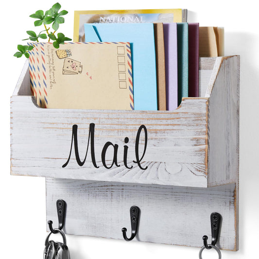 DRASTAR Mail Organizer Wall Mounted, Wooden Mail & Key Holder for Wall, Hanging Mail Organizer