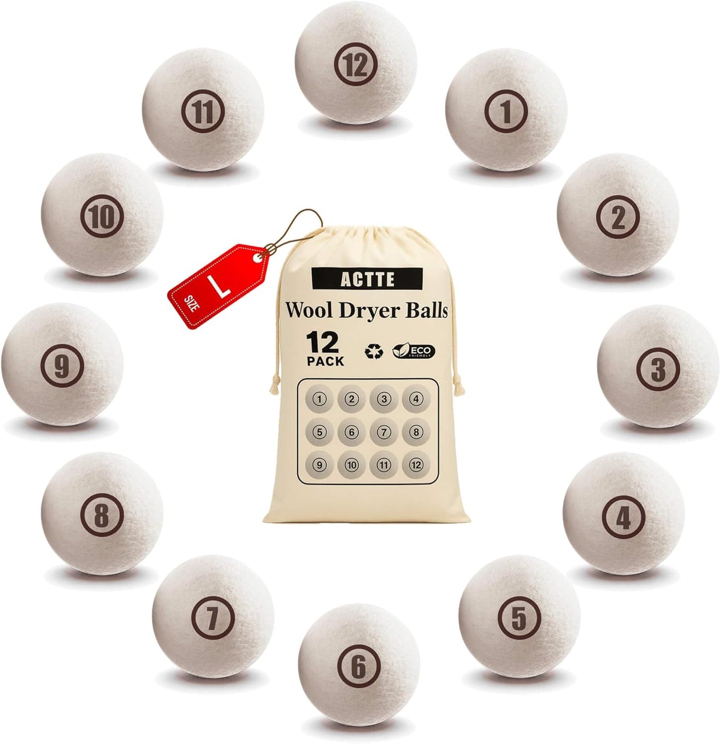 Sheep Wool Dryer Balls 12 Pack L(2.3") Premium Natural Fabric Softener, Reusable Laundry Dryer
