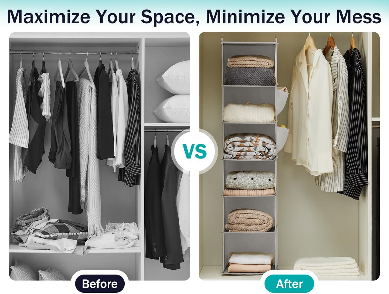 YOUDENOVA Hanging Closet Organizer and Storage, 6-Shelf Closet Hanging Shelves | Sturdy Bamboo