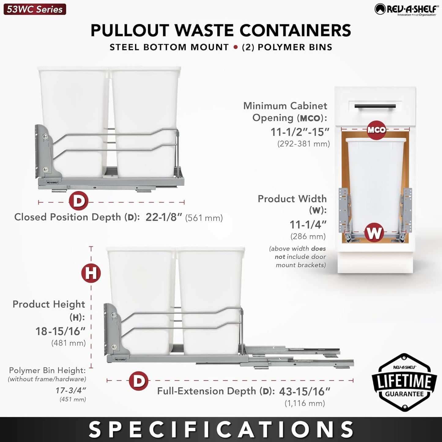 Rev-A-Shelf Double Pull-Out Trash Can for Under Kitchen Cabinets 27 Quart 12.5 Gallon with