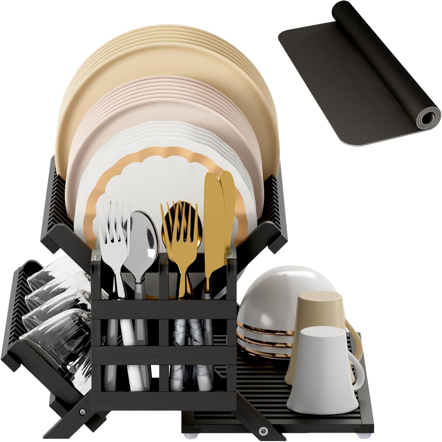 Greenual Black Bamboo Dish Drying Rack with Utensil Holder, 3 Tier Collapsible Dish Rack, Wooden