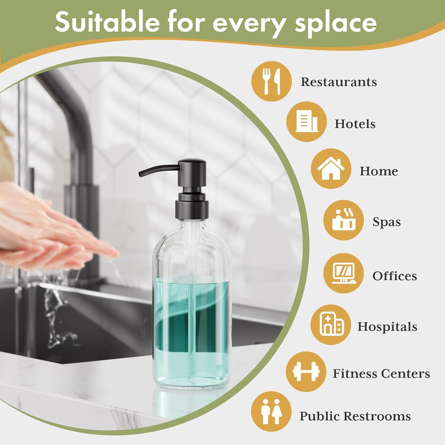 AmazerBath Soap Dispenser, 2 Pack Glass Soap Dispenser with Stainless Steel Pump, 17 Oz Bathroom