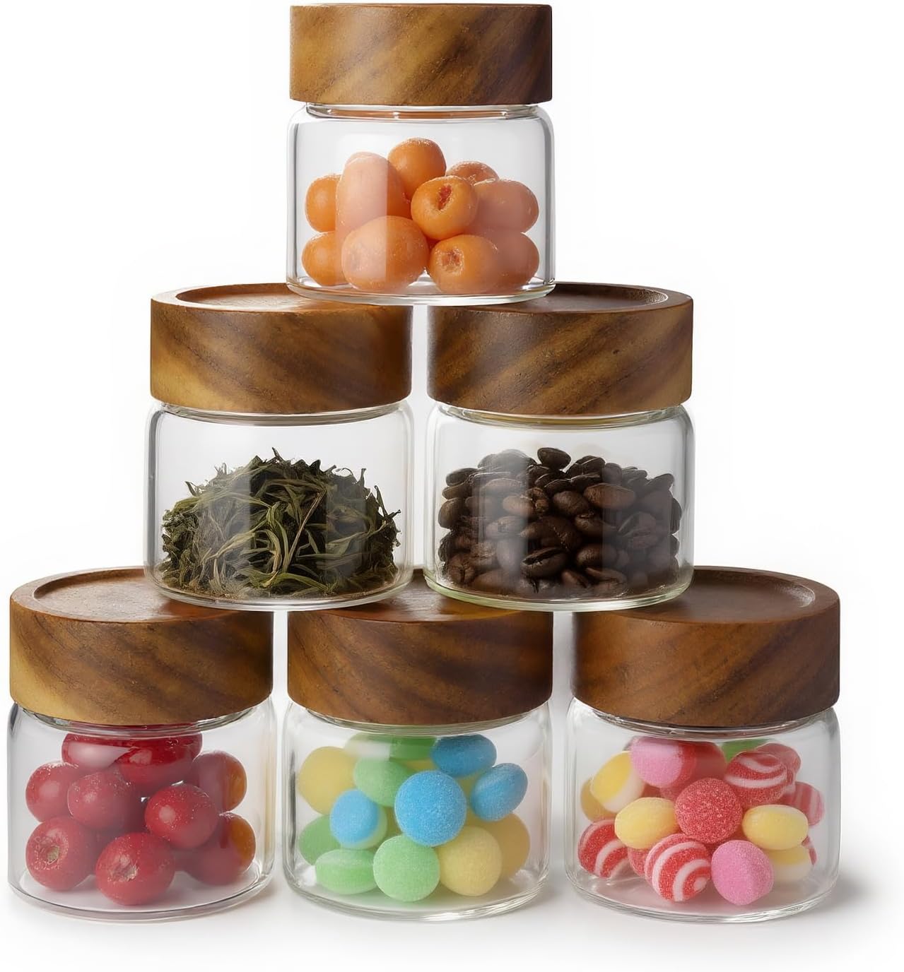 6-Pack 6 oz Airtight Food Sealed Jars with Acacia Wood Lids - Glass Meal Prep Containers for