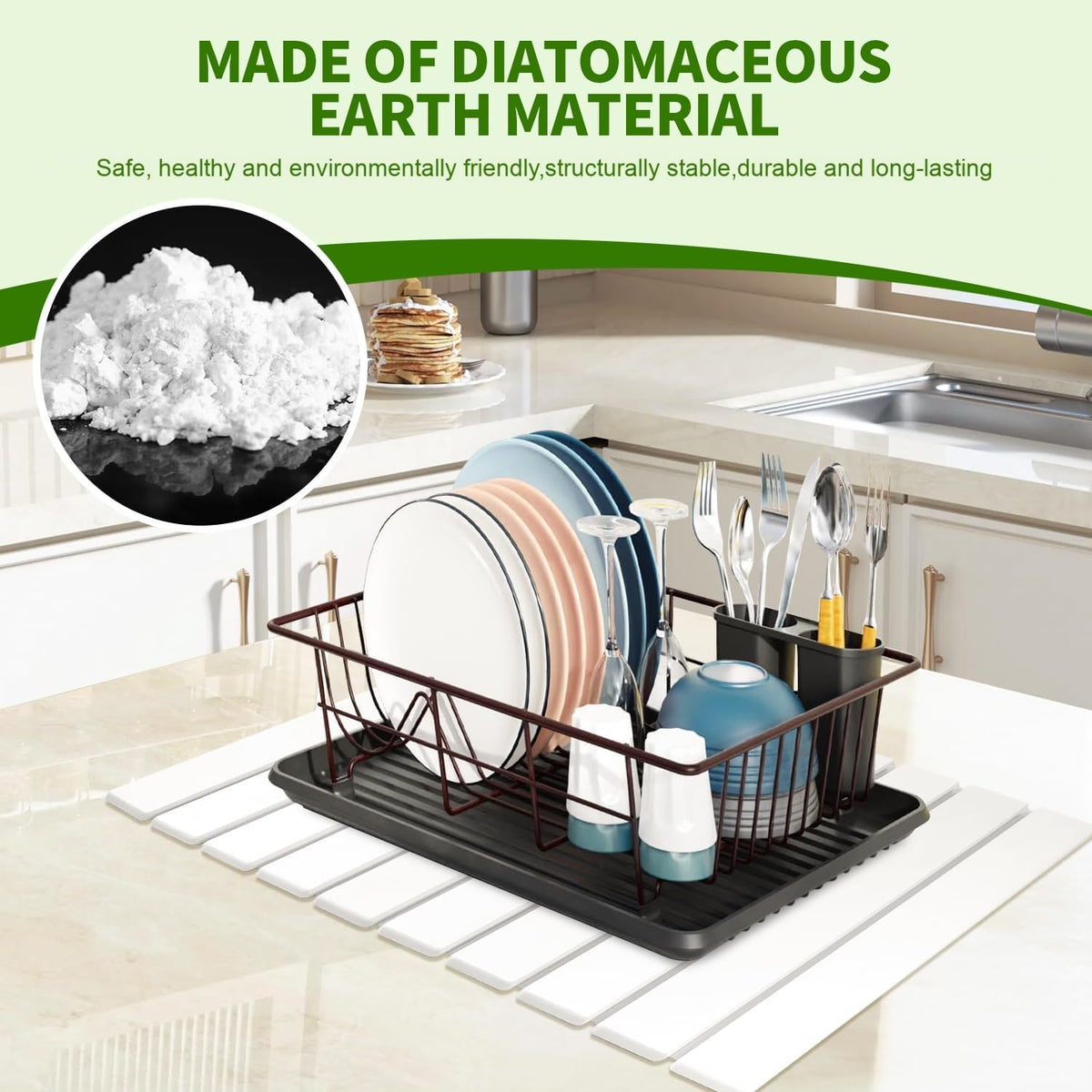 Stone Drying Mat for Kitchen Counter Square, 23.62"x15.35", Collapsible Quick Dry Dish Drying Mat
