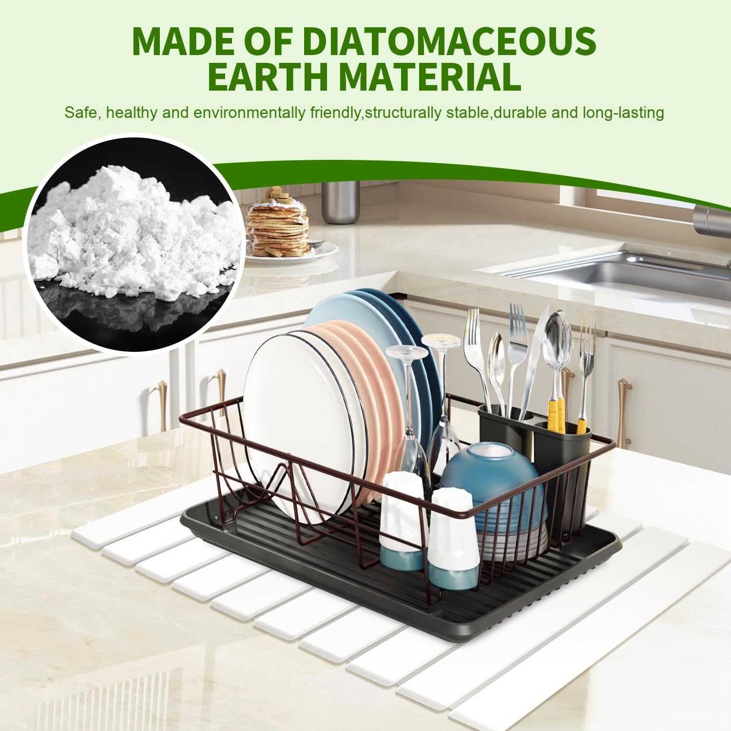 Stone Drying Mat for Kitchen Counter Square, 23.62"x15.35", Collapsible Quick Dry Dish Drying Mat