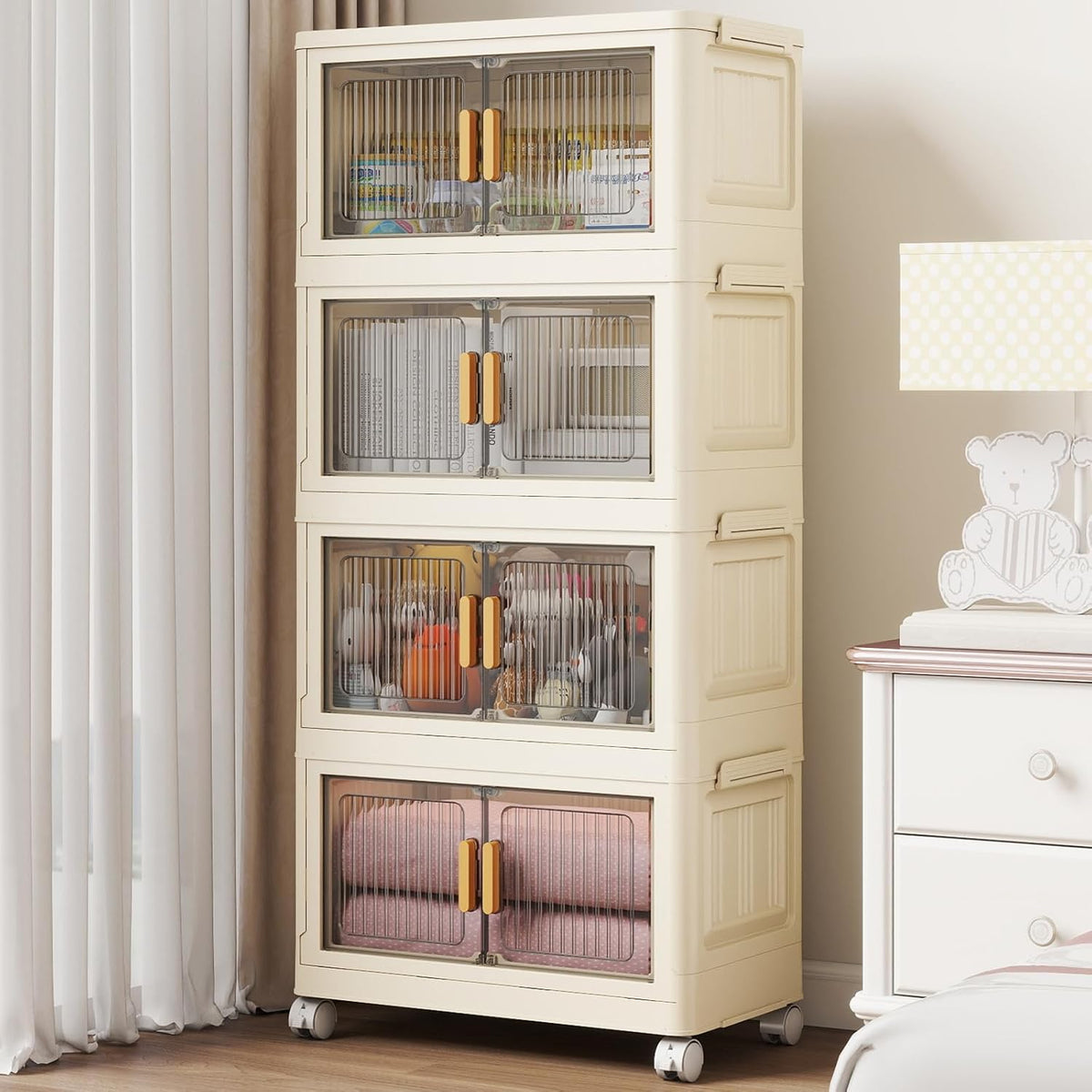 4 Tier Stackable Plastic Storage Bins with Lids 48QT, Collapsible Closet Organizers and Storage
