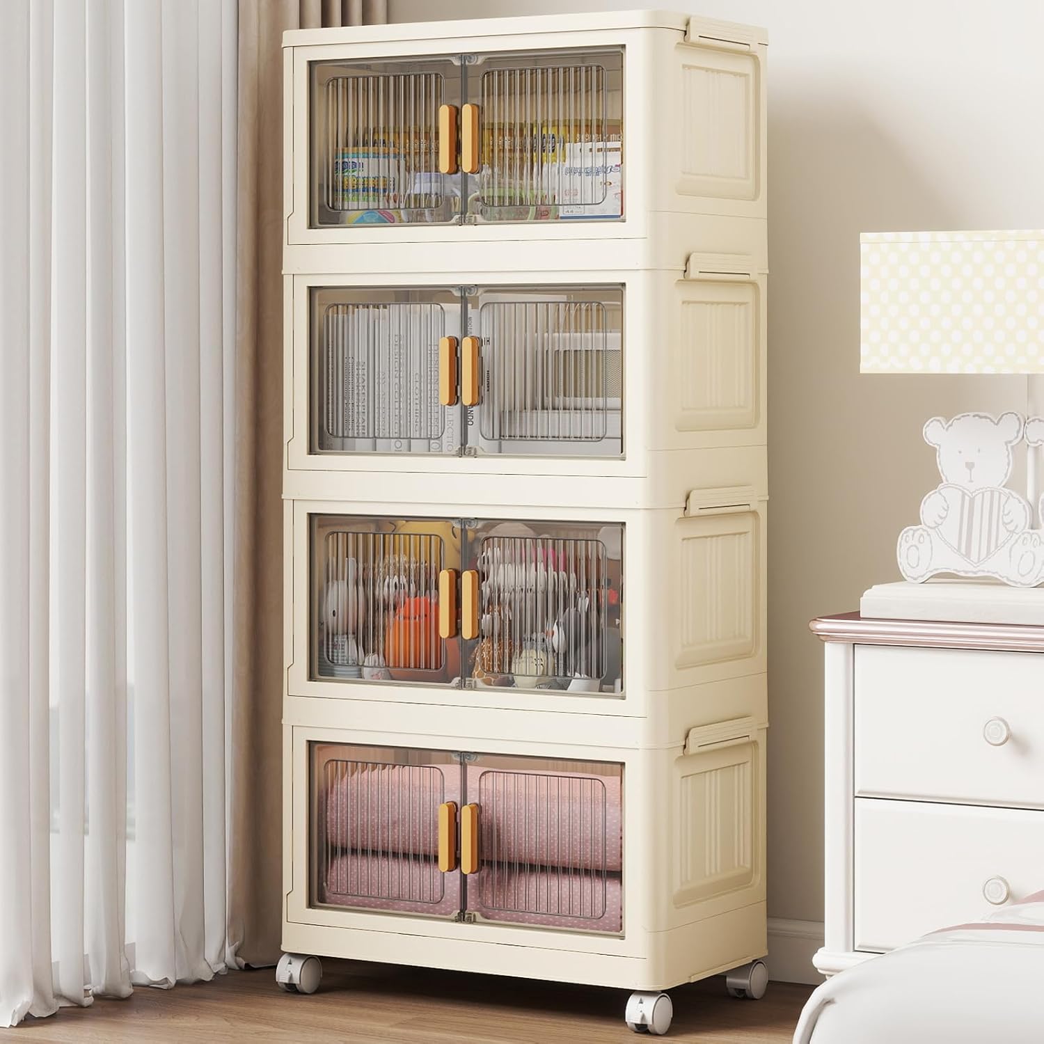 4 Tier Stackable Plastic Storage Bins with Lids 48QT, Collapsible Closet Organizers and Storage