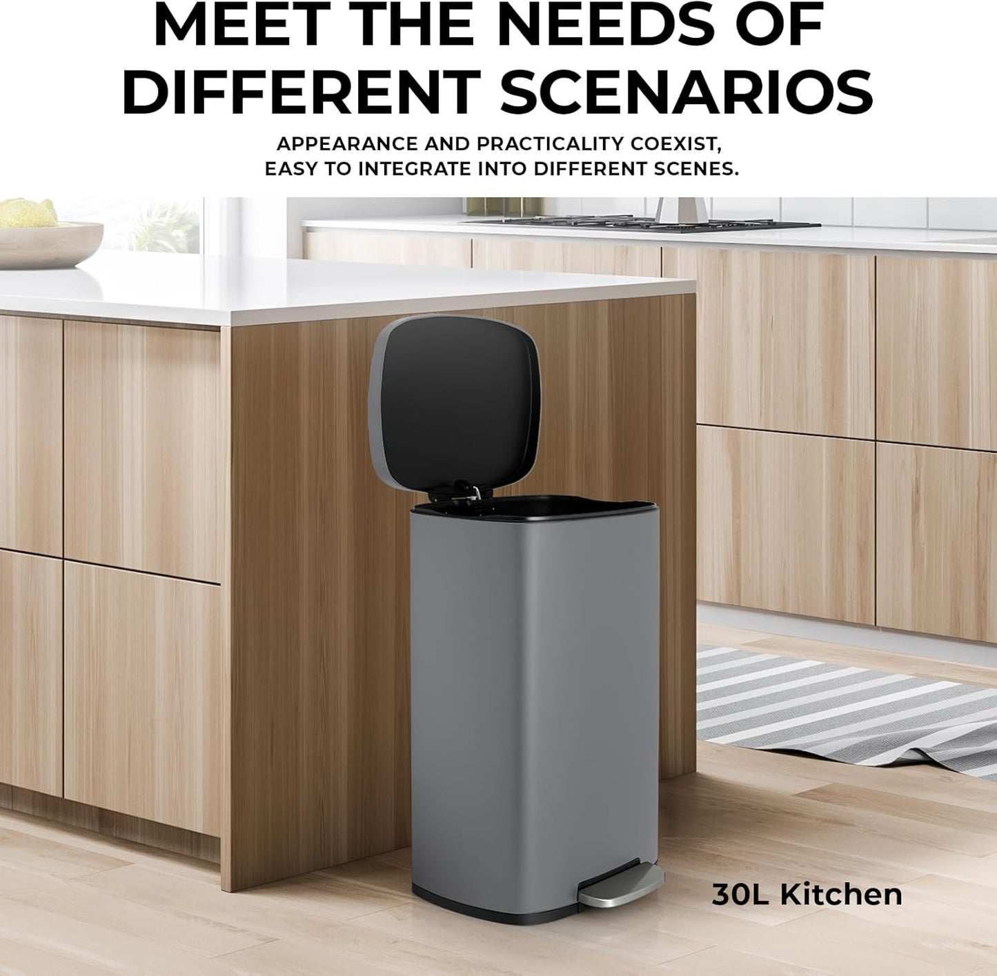8 Gal Kitchen Trash Can, 30L Recycling or Garbage Bin, Brushed Stainless Steel Waste Basket