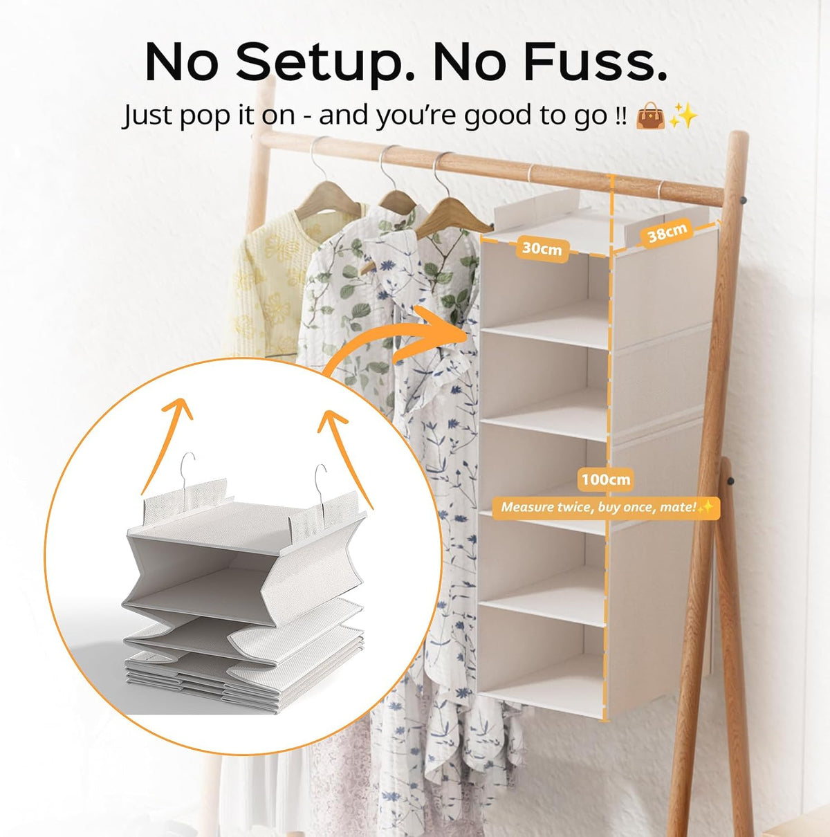 Extra Deep Hanging Closet Organizer with Shelves and Oversized Mesh Pockets, Heavy-Duty Structure