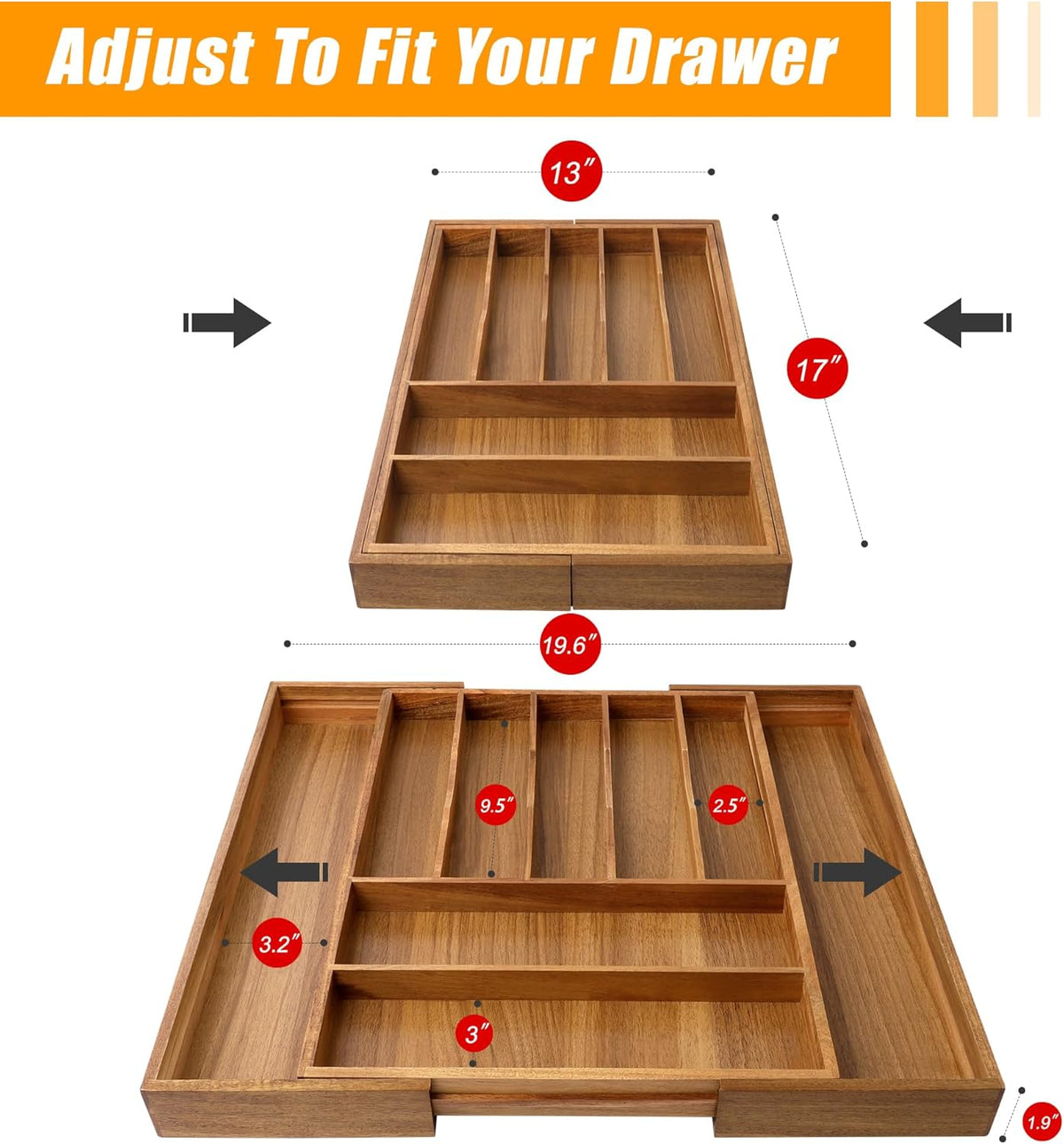 Bellsal Large Premium Acacia Wood Silverware Organizer - Expandable Utensil Drawer Organizer