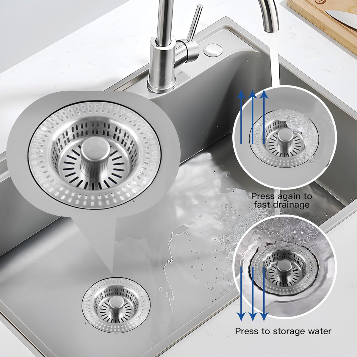 3 in 1 Kitchen Sink Drain Strainer Stopper, Stainless Steel Pop Up Sink Stopper with Anti-Clogging