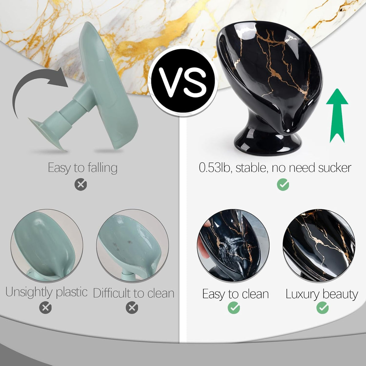 Soap Dish, Ceramic Soap Holder Self Draining Leaf Shape Bar Soap Holder, Marble Look Black Drain