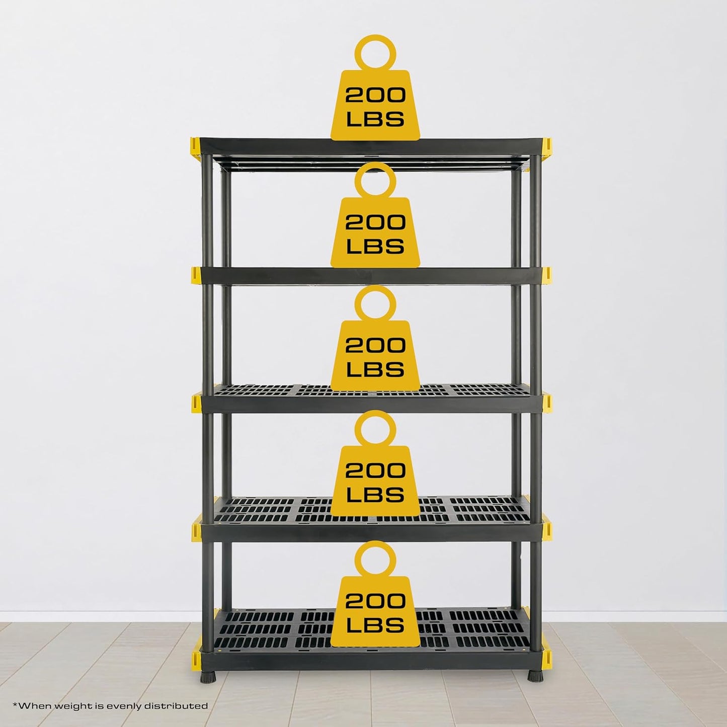 CX Black & Yellow®, 5-Tier Heavy Duty Plastic Storage Shelving Unit, 200lbs/shelf (72”H x 48”W x