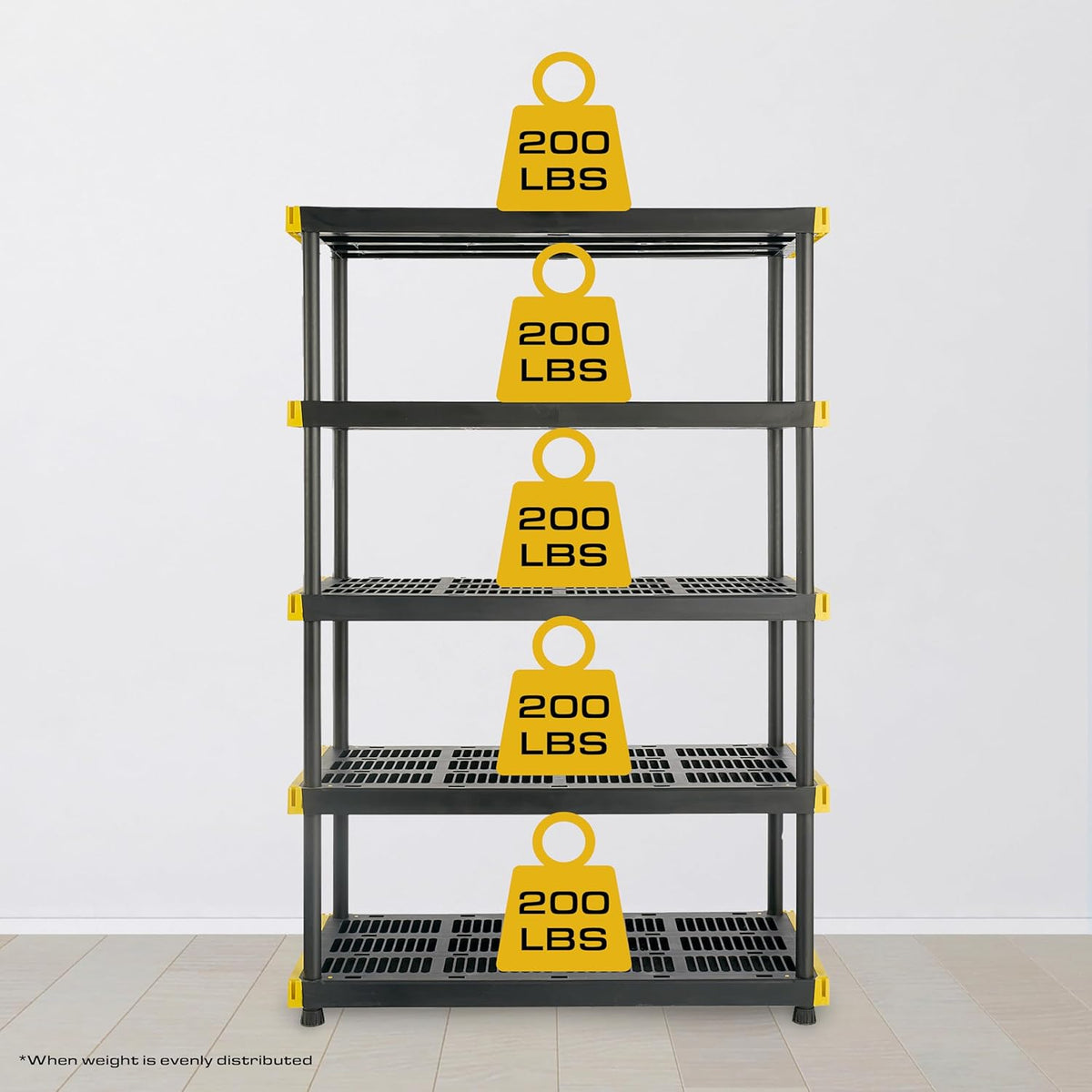 CX Black & Yellow®, 5-Tier Heavy Duty Plastic Storage Shelving Unit, 200lbs/shelf (72”H x 48”W x