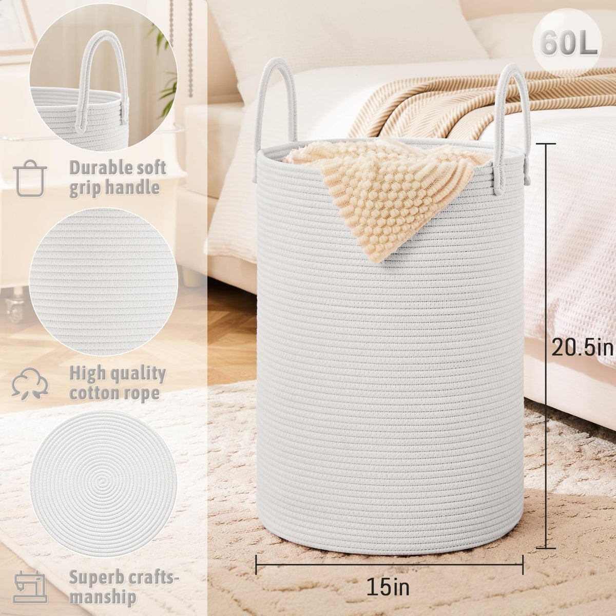 Laundry Basket,Woven Cotton Rope Laundry Hamper,60L for Decorative Storage of Dirty Clothes,Toys