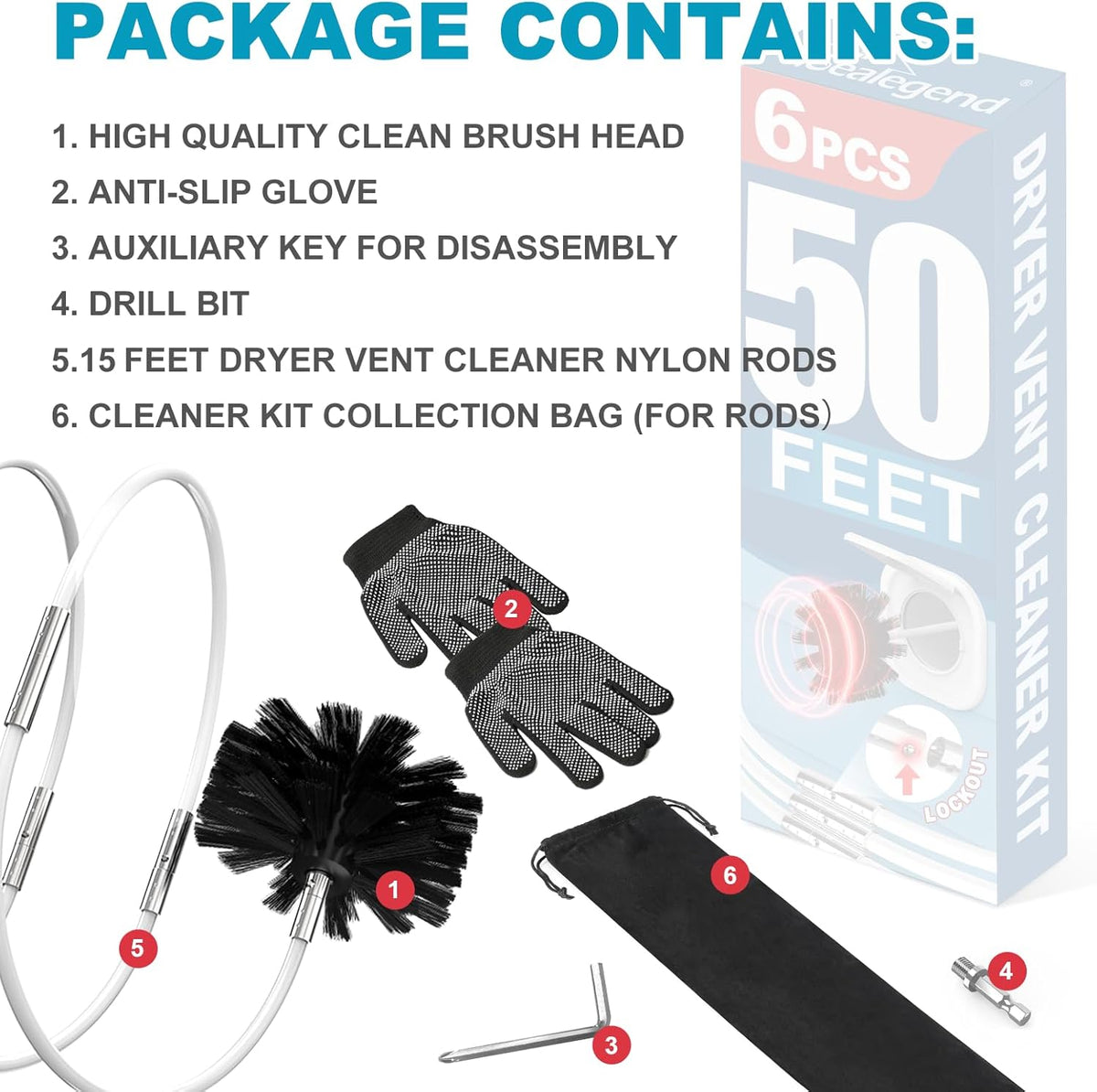 Sealegend 50 Feet Dryer Vent Cleaner Kit/Lint Remover/Fireplace Chimney Brushes/Upgraded Flexible