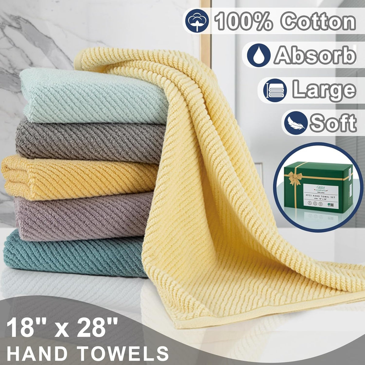 VOOVA & MOVAS Bathroom Hand Towels Set of 4, 18"x 28" - 100% Cotton | Lightweight | Thick | Quick