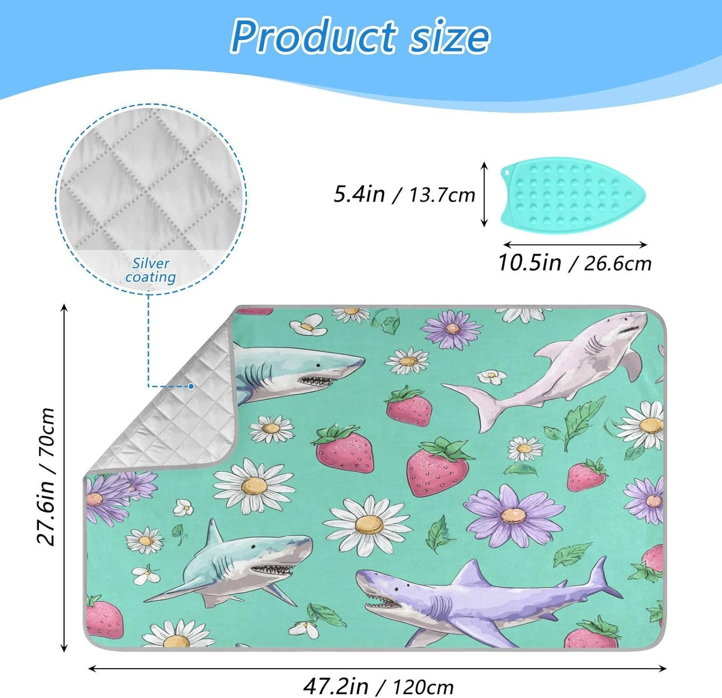 Mint Green Sharks Strawberry and Daisy Ironing Mat for Table top Portable Ironing Pad Blanket for