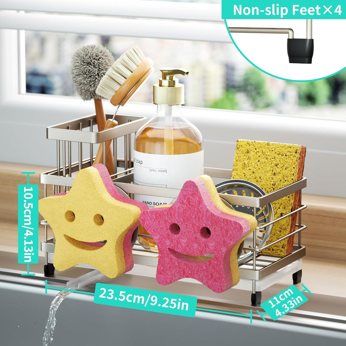 HapiRm Sink Caddy Sponge Holder - Self-draining Kitchen Sink Organizer with Smiley Face and Brush