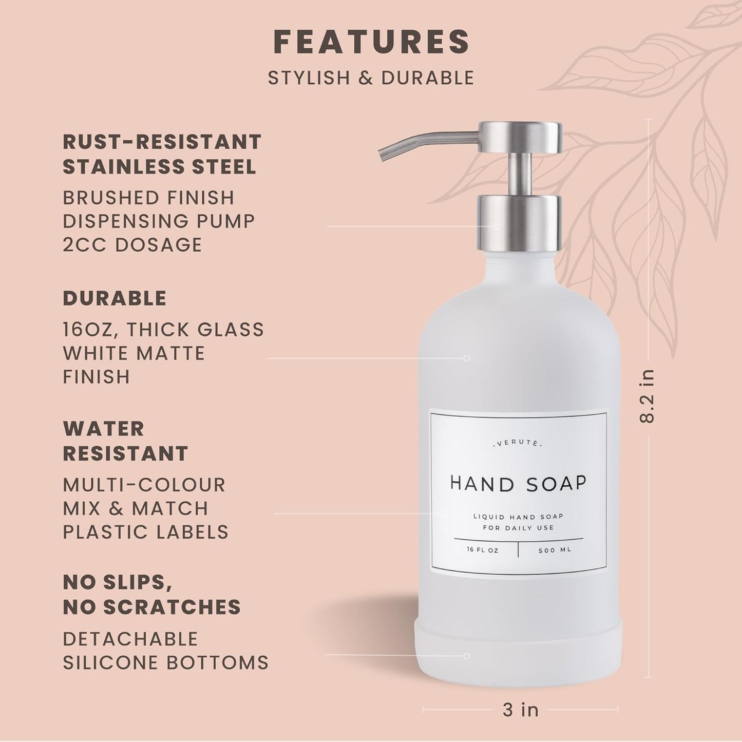 16oz Glass Soap Dispenser with Stainless Steel Pump, 21 Waterproof Labels, Non-Slip Protective