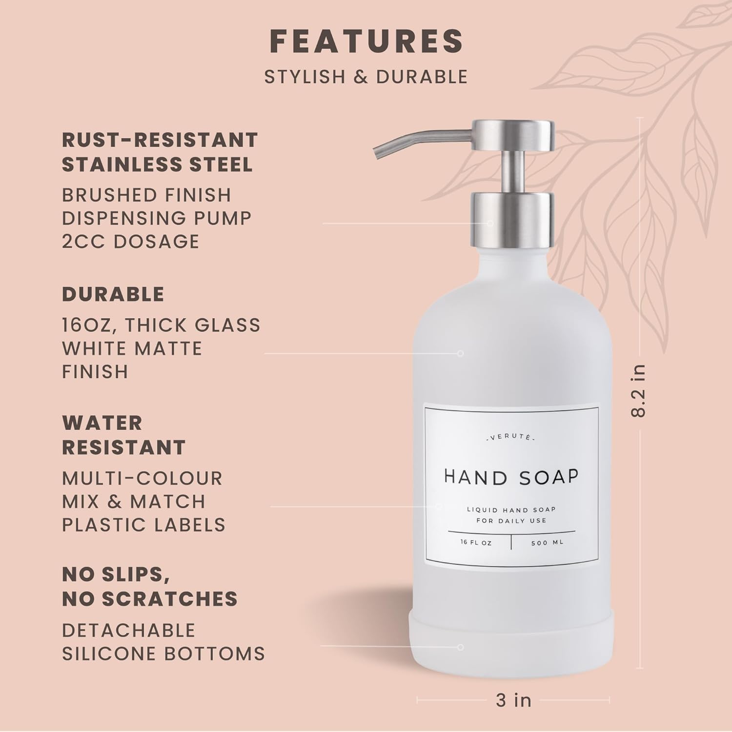 16oz Glass Soap Dispenser with Stainless Steel Pump, 21 Waterproof Labels, Non-Slip Protective