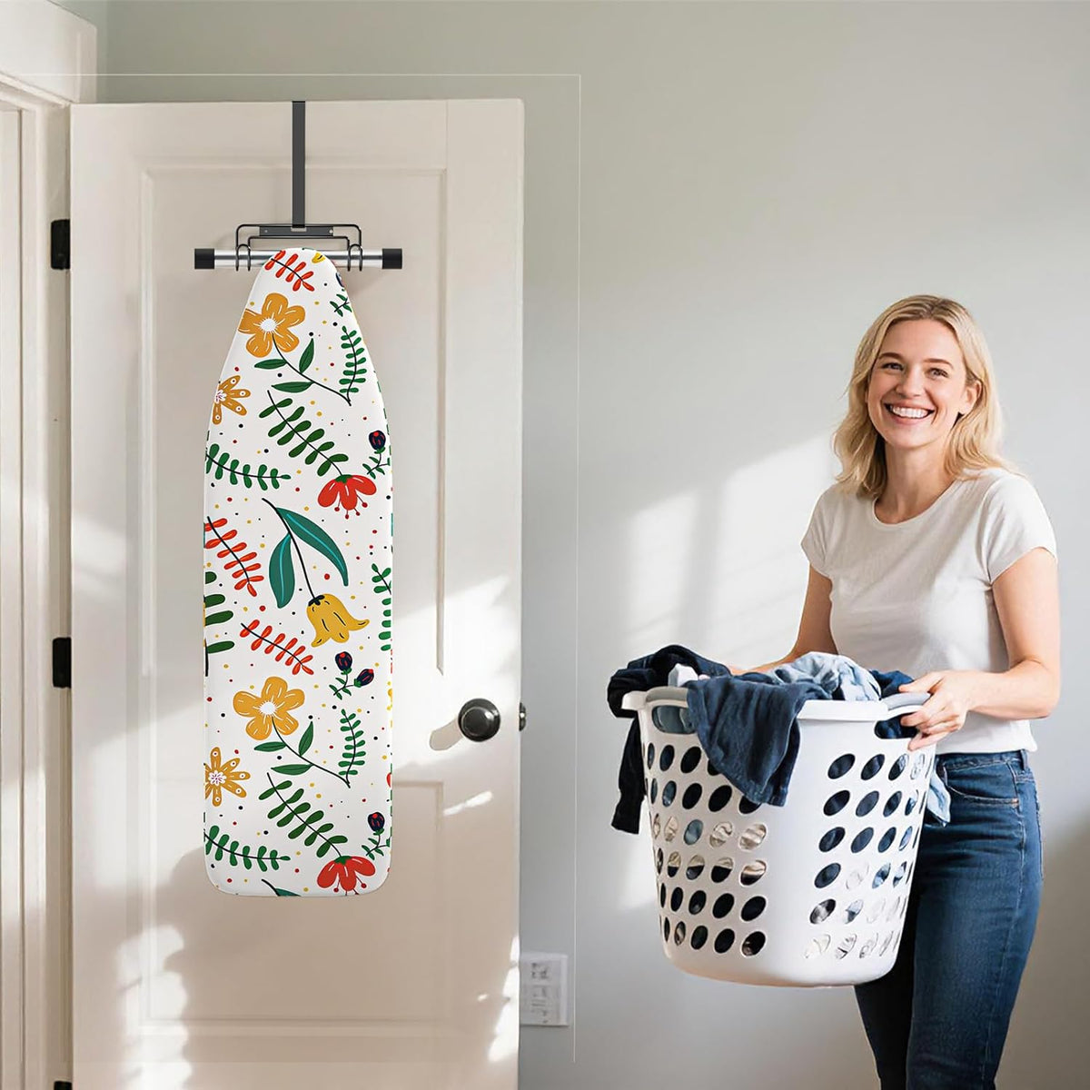 Over The Door & Wall Mount Ironing Board Hanger with Removable Hook, Metal Ironing Board Holder