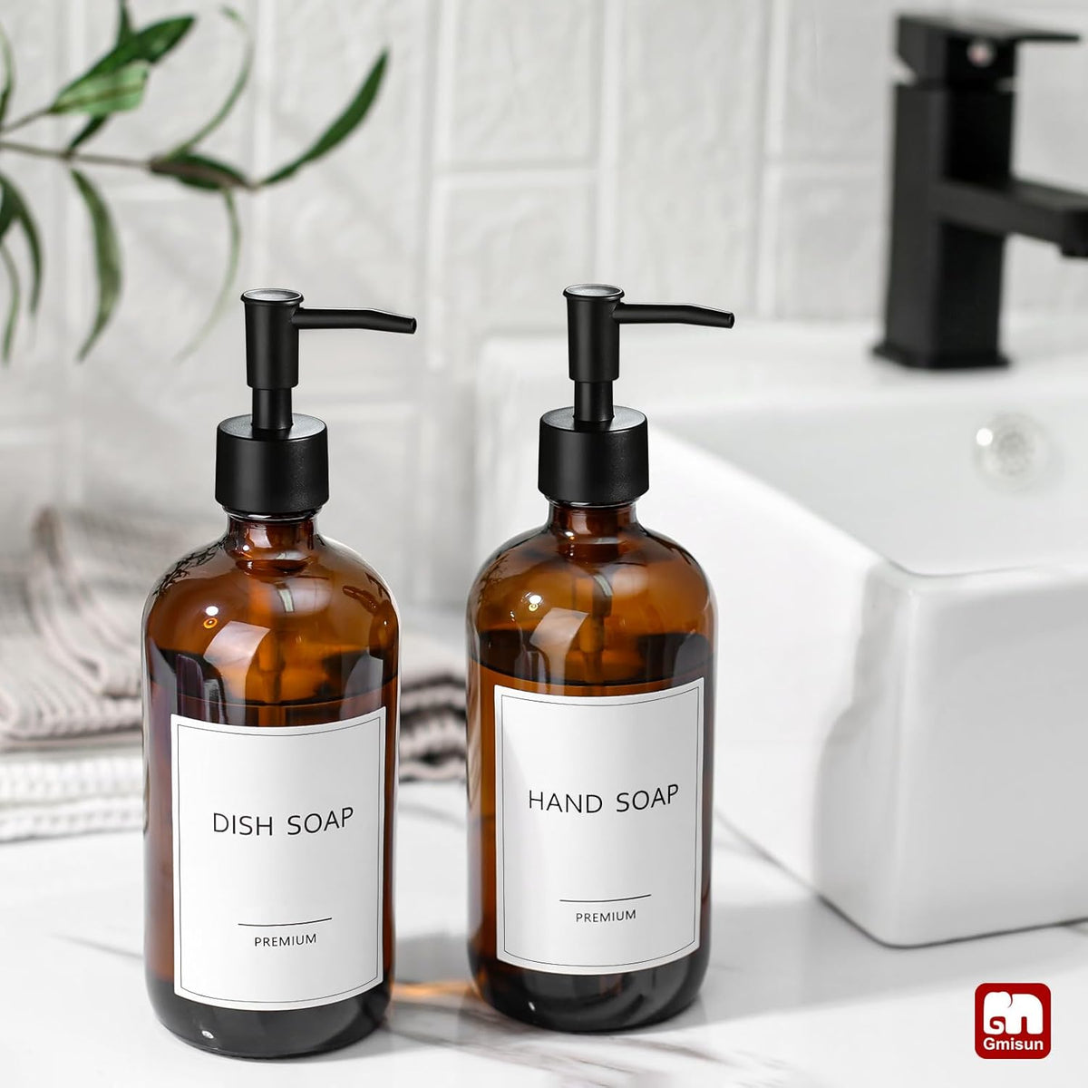 GMISUN Amber Glass Soap Dispenser, 2 Pack Bathroom Hand Soap Dispensers with Stainless Steel Pump