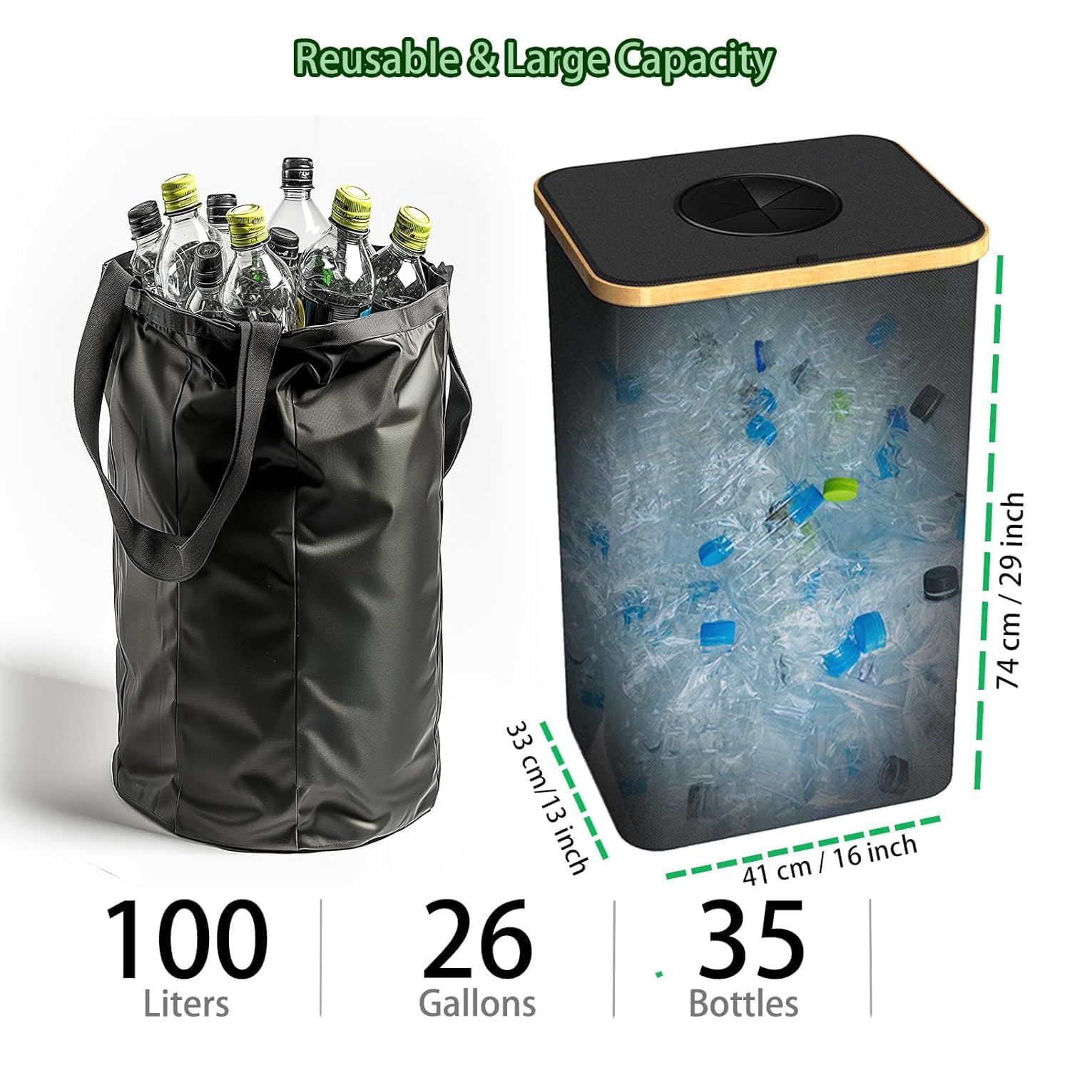 Recycling Bin for Kitchen Indoor Home, Large 100L/ 26 Gallon Recycle Bin with Lid Removeable