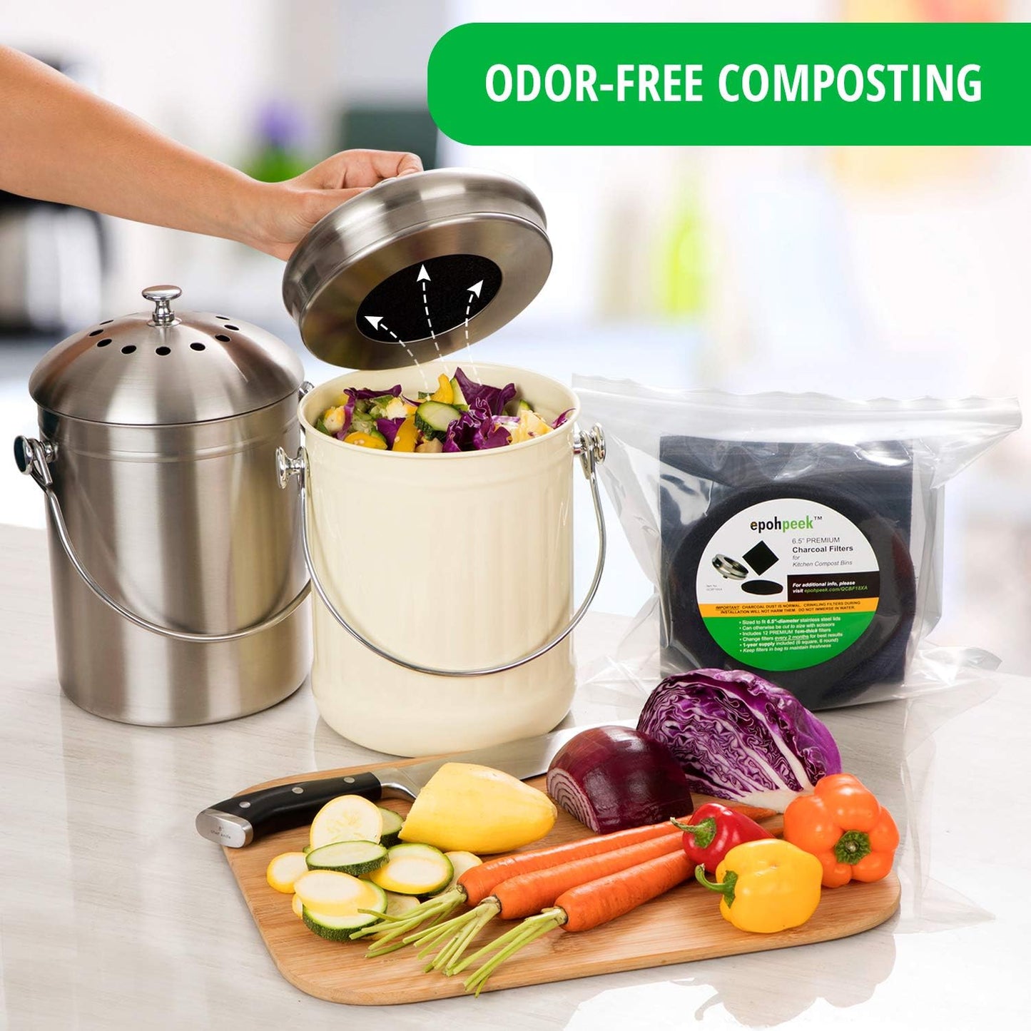 Epohpeek Compost Bin Filters Charcoal - Filter Replacement for Kitchen Pail Composter, 12 Pack
