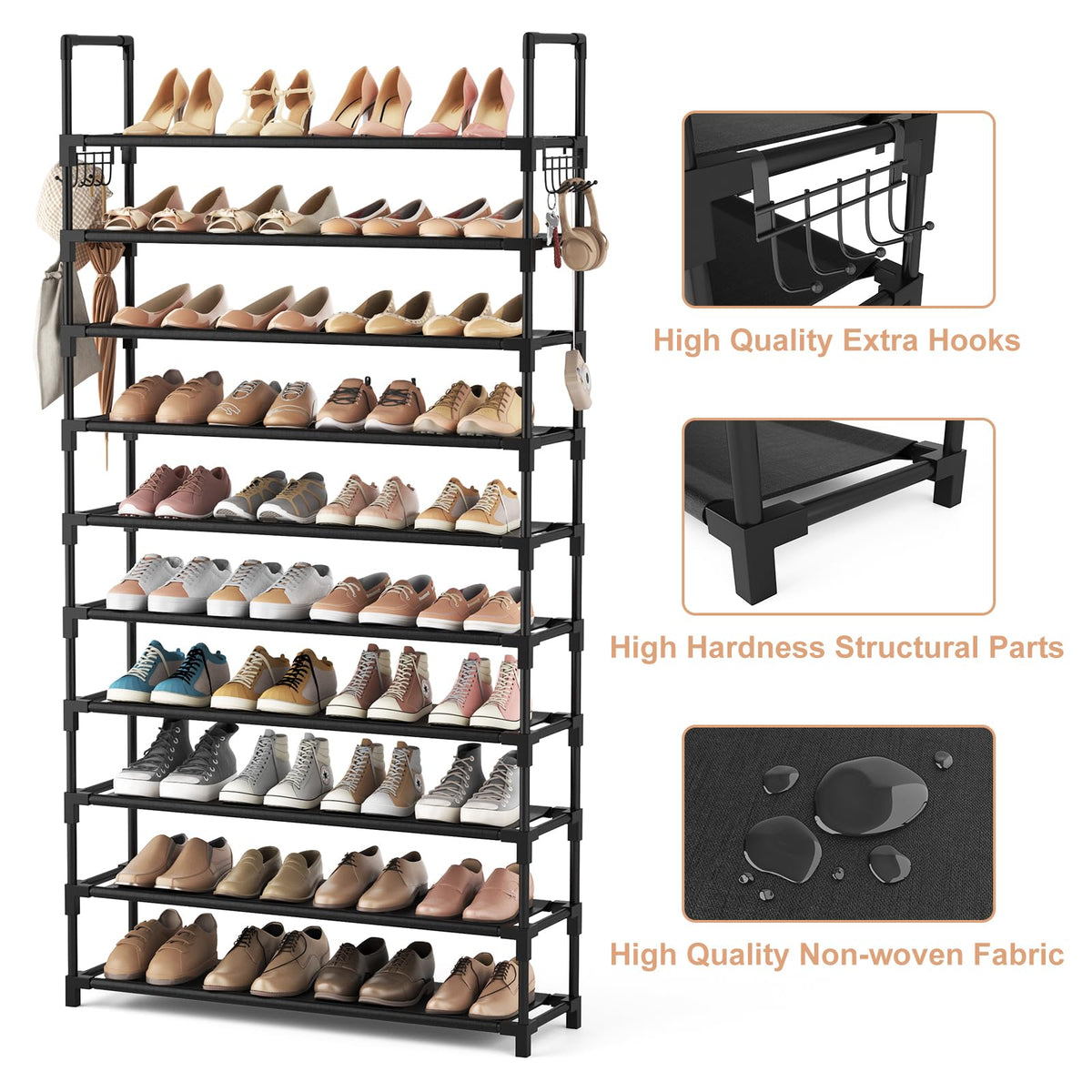 VTRIN 10 Tier Shoe Rack Tall Large Capacity Wide Shoe Organizer with Two Hooks Sturdy Metal Shoe