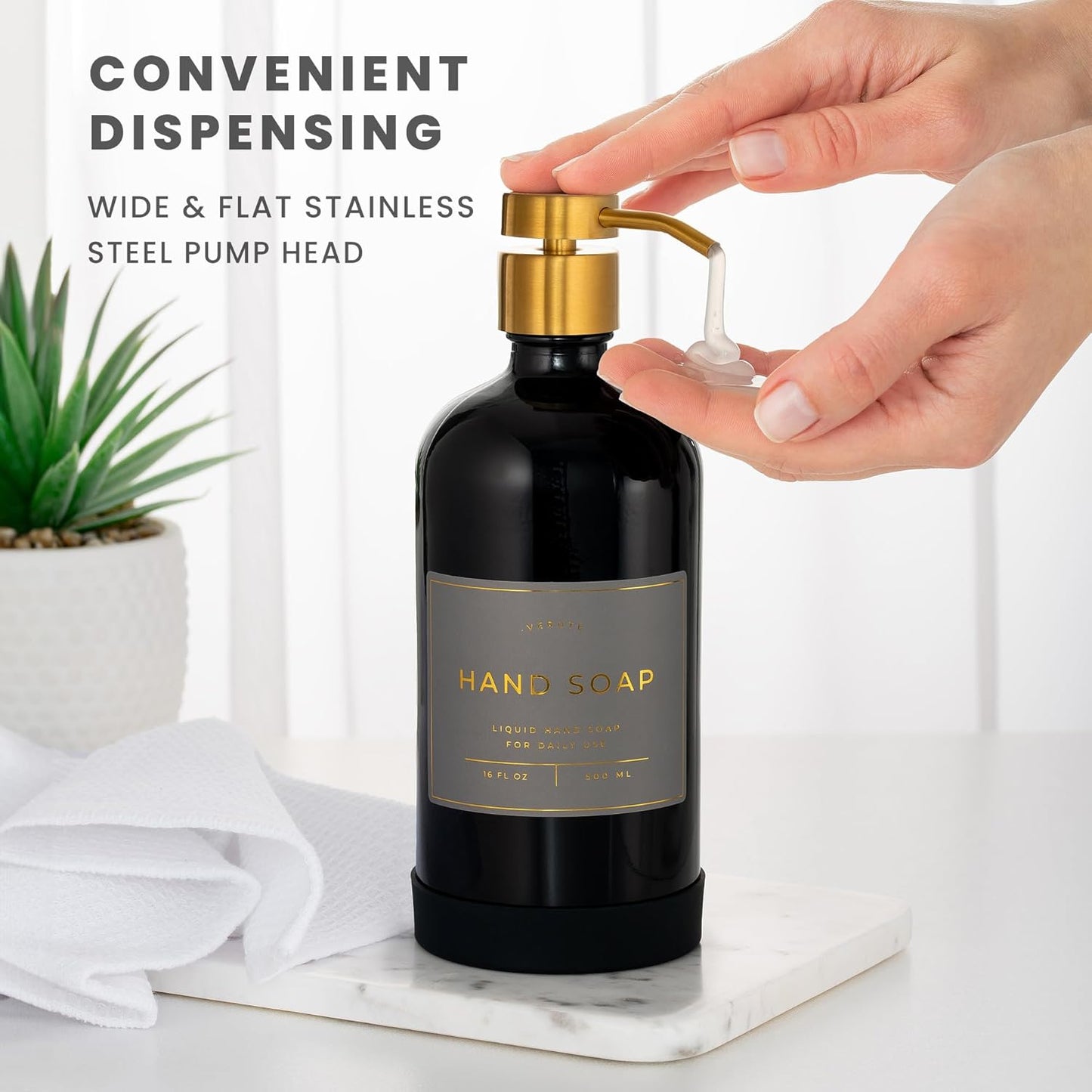 16oz Glass Soap Dispenser with Stainless Steel Pump, 21 Waterproof Labels, Non-Slip Protective