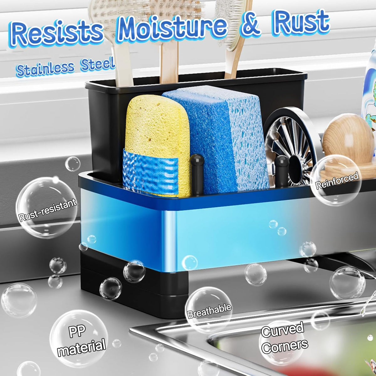 Sponge Holder for Kitchen Sink,Sink Caddy Organizer with Removable Brush Holder,Kitchen Countertop