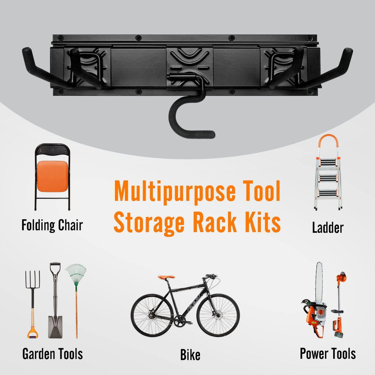 Garden Tool Storage Rack, Outdoor Power Tools Hangers for Garage Wall Organization with 6 assorted
