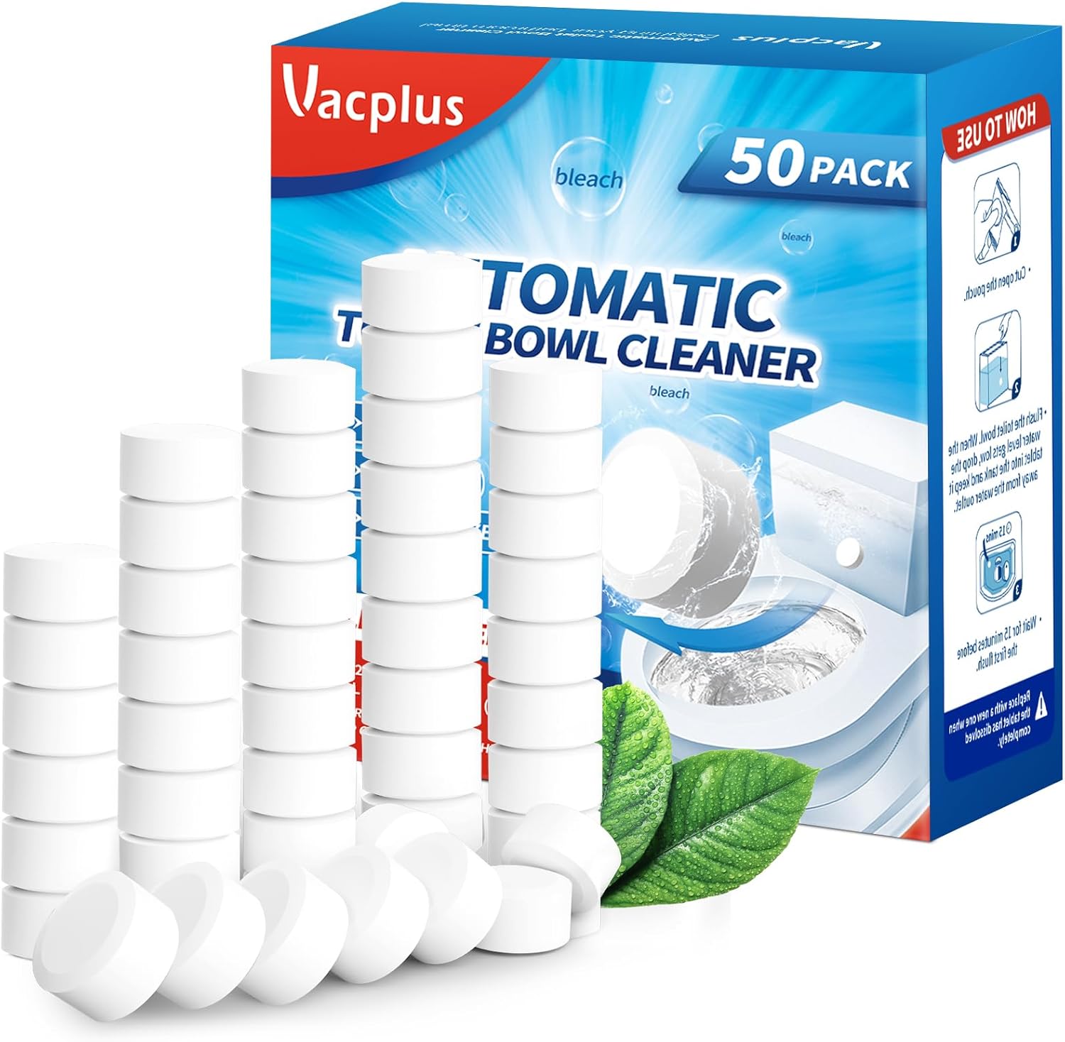 Vacplus Toilet Bowl Cleaner Tablets 50 PACK, Automatic Toilet Bowl Cleaners with Bleach for