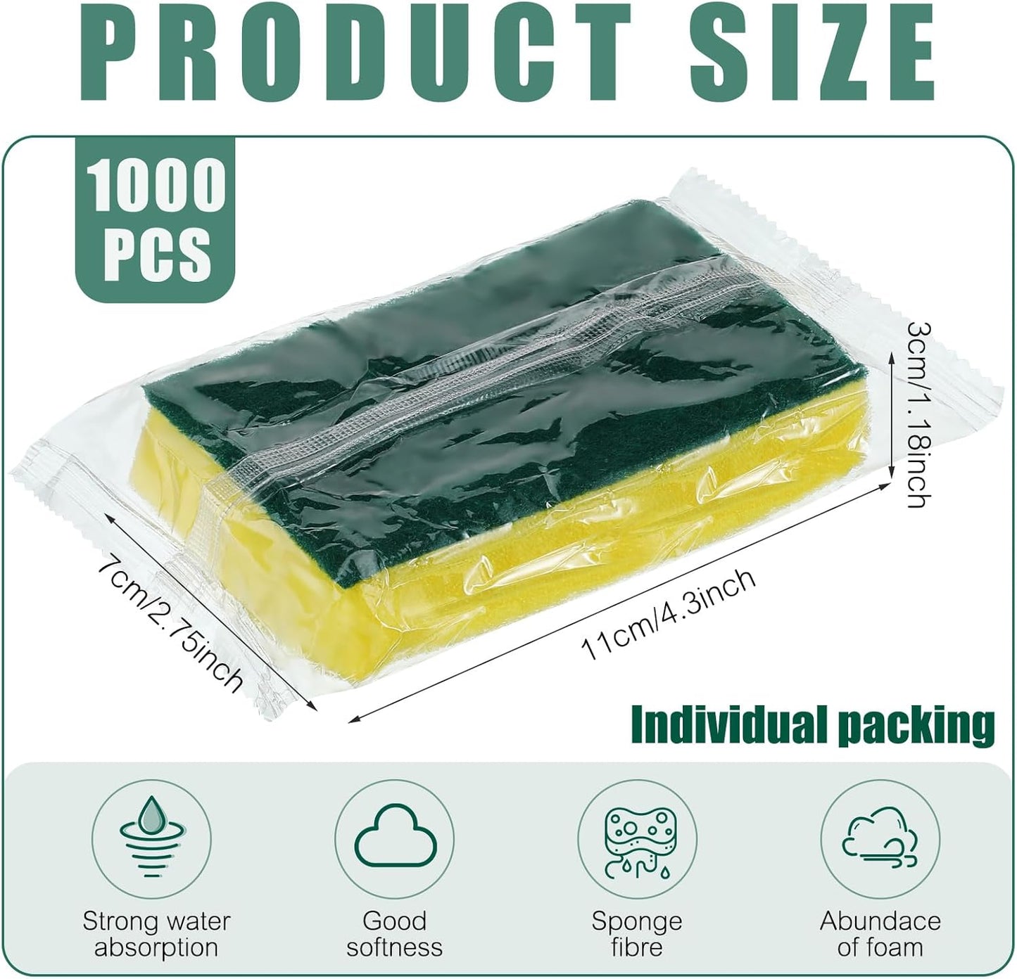 Tanlade 1000 Pcs Individually Wrapped Sponge Dishwashing Sponge Bulk Non Scratch Scrub Sponges