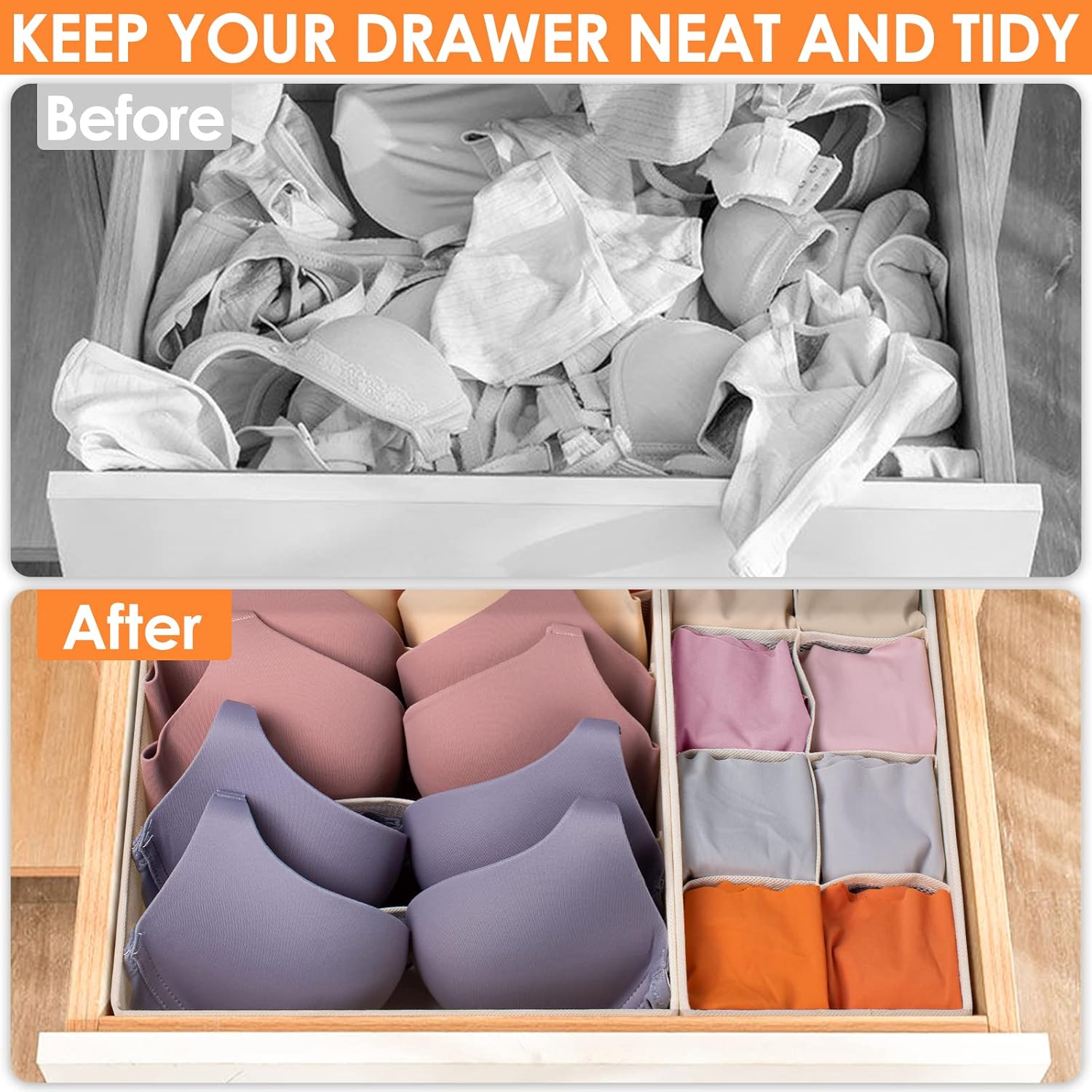 6 Pack Sock Underwear Drawer Organizer Dividers, 58 Cell Foldable Fabric Dresser Closet Organizers