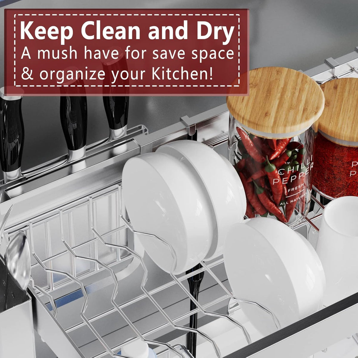 VNKZI Over Sink Dish Drying Rack, 2 Tier Full Stainless Steel Storage Adjustable Length (25.98'' to